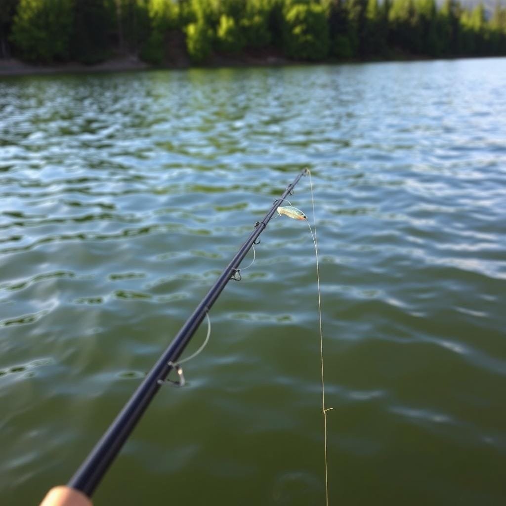 A calm, serene lake with gentle ripples on the surface. In the foreground, a fishing rod is carefully positioned, its line trailing into the water. The leader, a delicate and translucent connection between the line and the lure, is the focal point, its precise length optimized for catching the elusive Kokanee. The background features lush, verdant trees lining the shore, casting soft, diffused shadows that create a natural, peaceful atmosphere. Soft, warm lighting illuminates the scene, highlighting the intricate details of the fishing setup and the tranquil environment. The overall composition emphasizes the importance of carefully crafting the leader length to enhance the chances of successfully catching the prized Kokanee.