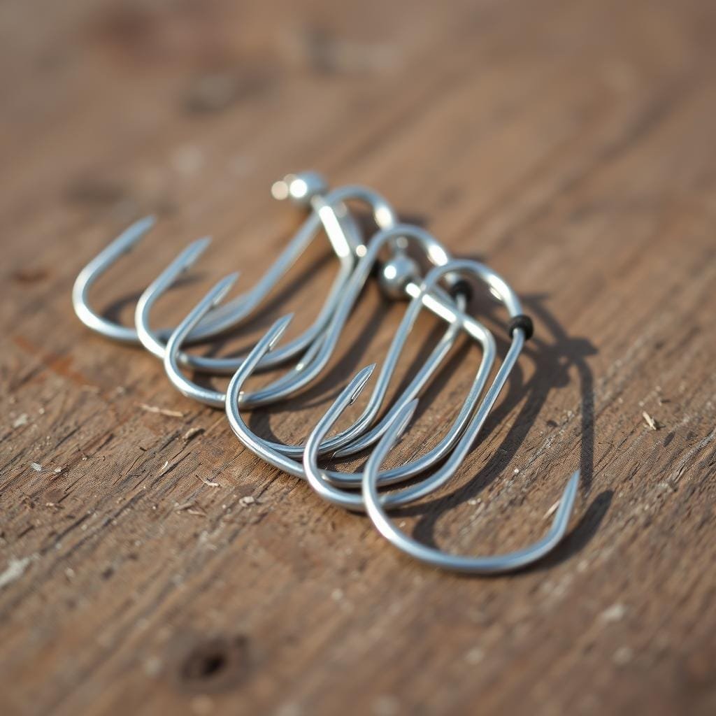 A close-up high-resolution photograph of a set of shiny silver circle hooks for catfish fishing, arranged neatly on a wooden surface with a slight distressed texture. The hooks are prominently displayed, their sharp curved points and thin wire construction clearly visible. The lighting is natural and soft, creating gentle shadows that accentuate the hooks' shapes and metallic finish. The image has a neutral, earthy tone, conveying a sense of simplicity and practicality befitting the utilitarian nature of the fishing gear.