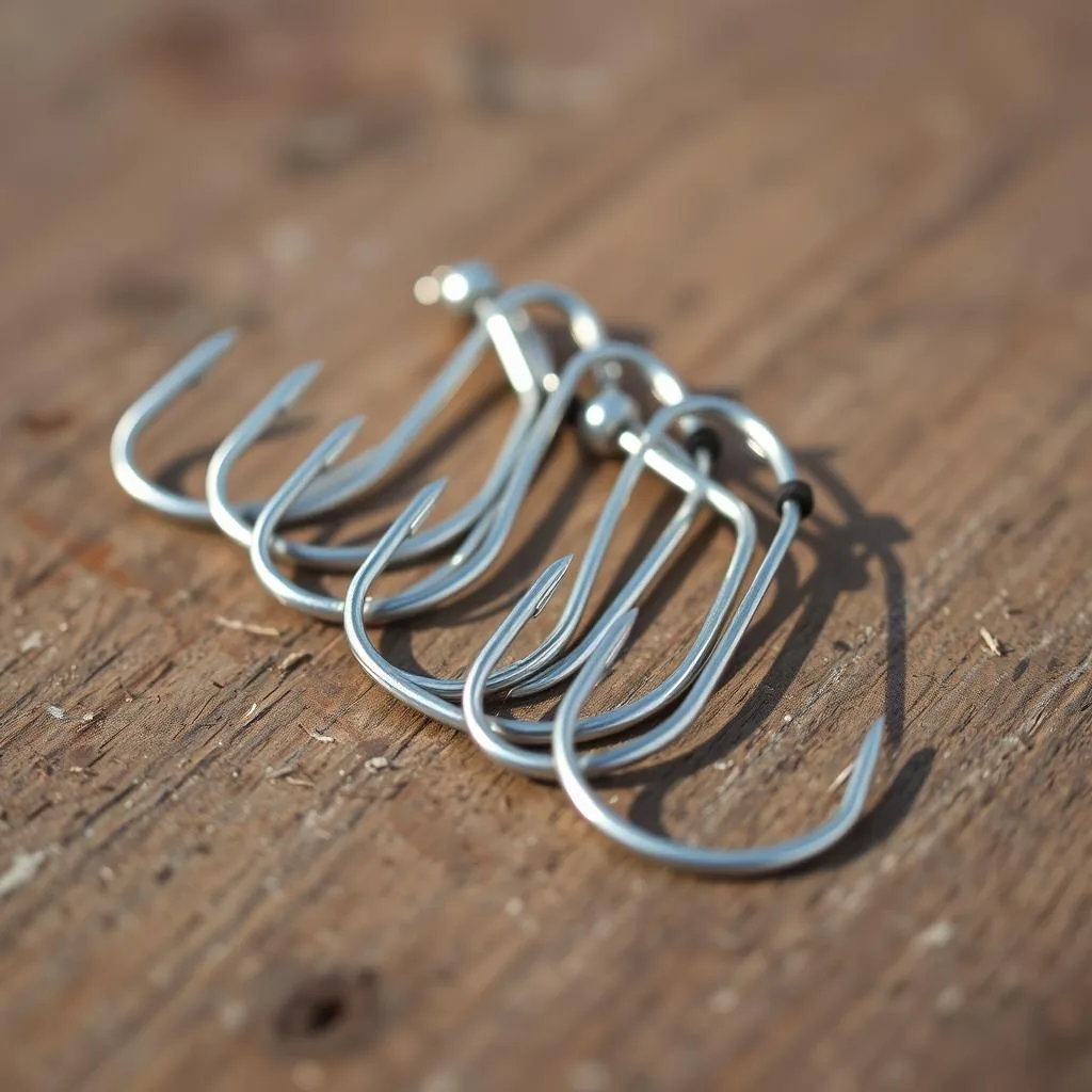 A close-up high-resolution photograph of a set of shiny silver circle hooks for catfish fishing, arranged neatly on a wooden surface with a slight distressed texture. The hooks are prominently displayed, their sharp curved points and thin wire construction clearly visible. The lighting is natural and soft, creating gentle shadows that accentuate the hooks' shapes and metallic finish. The image has a neutral, earthy tone, conveying a sense of simplicity and practicality befitting the utilitarian nature of the fishing gear.