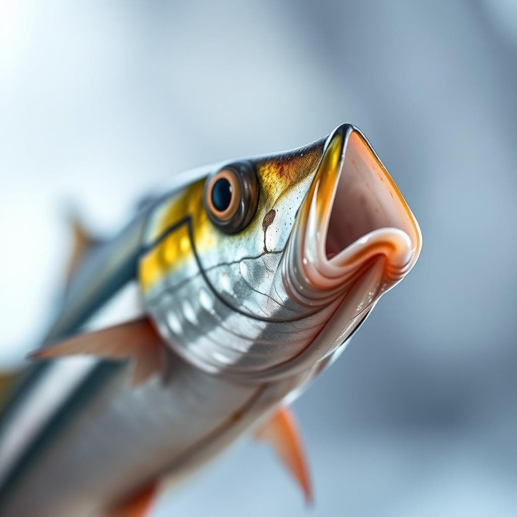 A close-up photograph of a king mackerel bait, captured with a high-resolution camera and a macro lens. The bait is placed against a blurred, dreamy background, creating a sense of focus and attention. The lighting is soft and diffused, emphasizing the intricate details and vibrant colors of the mackerel bait, such as its scales, fins, and eyes. The composition is well-balanced, with the bait positioned in the center of the frame, drawing the viewer's gaze directly to the subject. The overall mood is captivating, inviting the viewer to imagine the allure of this bait for attracting the mighty king mackerel.