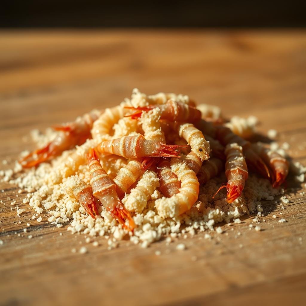 A close-up photograph of a pile of sand fleas and shrimp on a wooden surface, illuminated by soft natural lighting. The bait appears fresh and vibrant, with individual grains of sand and the textured exoskeletons of the crustaceans clearly visible. The arrangement is simple and minimalist, allowing the viewer to focus on the details and quality of the bait. The background is slightly blurred, creating a shallow depth of field and emphasizing the central subject. The overall mood is one of simplicity, precision, and the importance of carefully selecting the right bait for catching pompano.