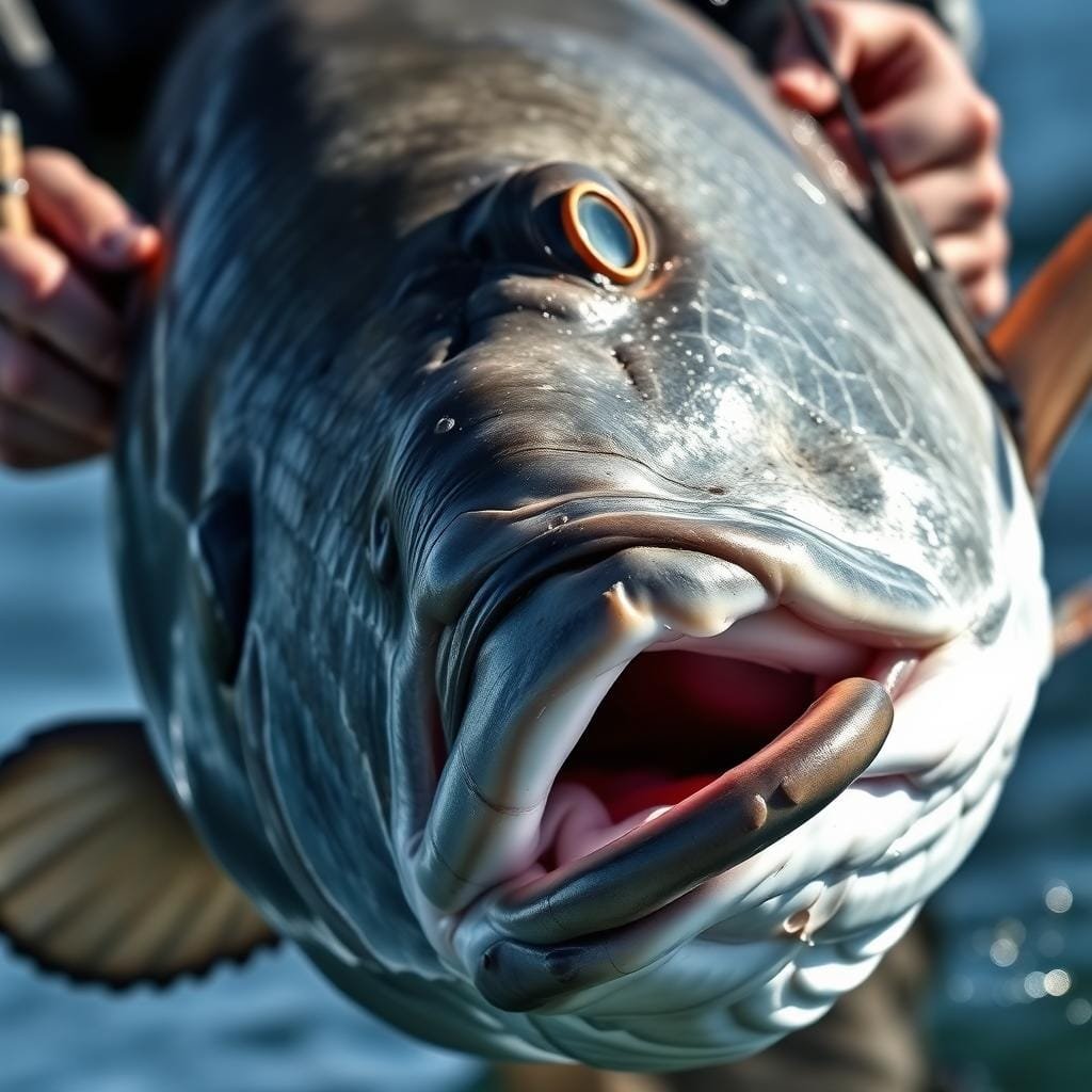 A close-up photograph of a successful hook setting on a large, powerful black drum fish. The fish's silver-grey scales and thick, muscular body fill the frame, with the angler's strong hands grasping the rod and tightening the line to drive the sharp hook deep into the fish's leathery mouth. Dramatic lighting casts dramatic shadows, highlighting the tension and drama of the moment as the fish thrashes against the tight line. The image conveys the skill and precision required to properly set the hook on this formidable gamefish, with a sense of triumph and accomplishment.