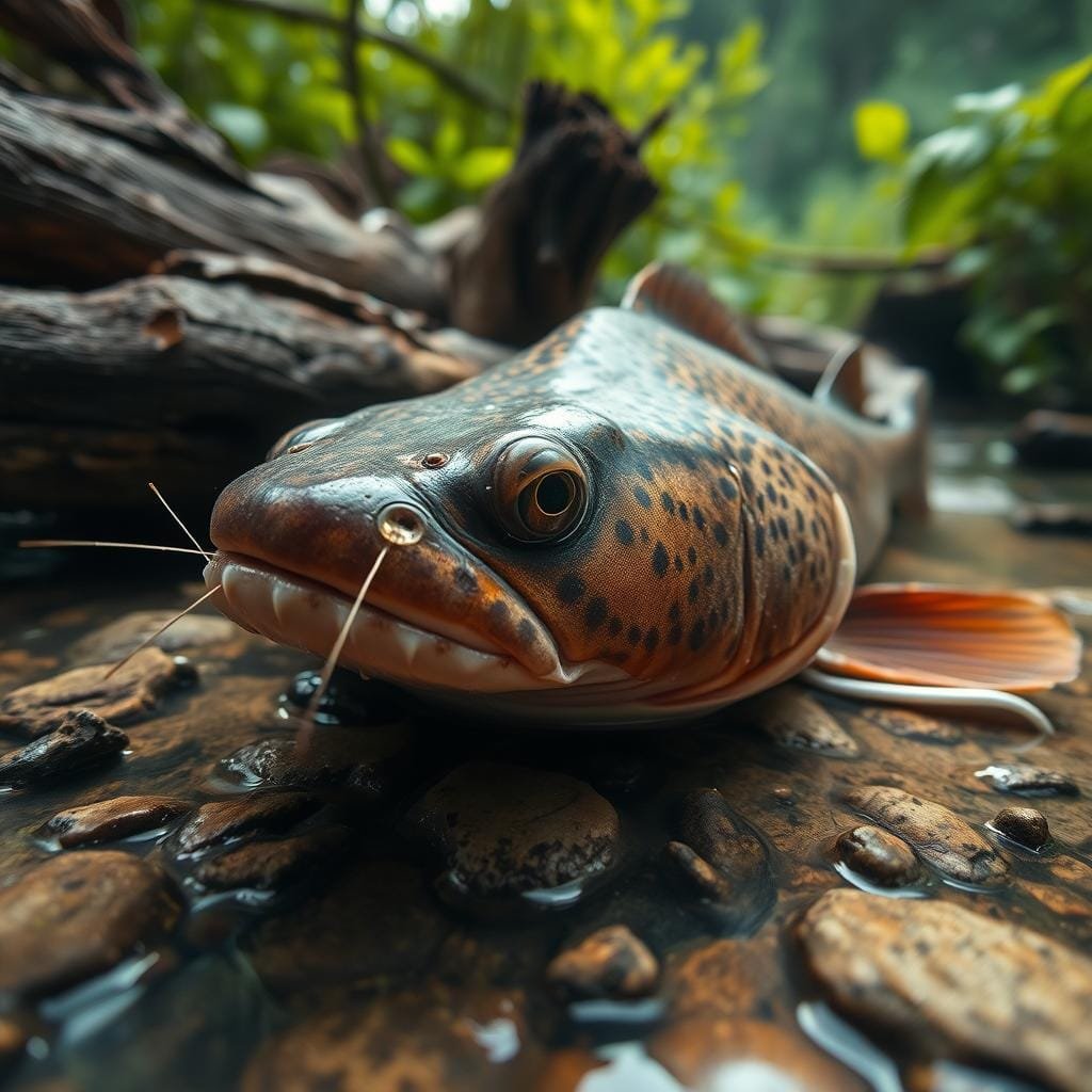 A close-up shot of a bullhead catfish resting near the riverbed, its distinctive flat head and whisker-like barbels clearly visible. The fish is surrounded by natural elements like submerged logs, rocks, and lush aquatic vegetation, creating a realistic, naturalistic scene. Soft, diffused lighting filters through the water, casting gentle shadows and highlights on the catfish's mottled brown skin. The camera angle is slightly low, emphasizing the fish's powerful, stocky build and bottom-dwelling nature. An overall sense of stillness and tranquility pervades the image, capturing the essence of a bullhead catfish in its natural habitat.