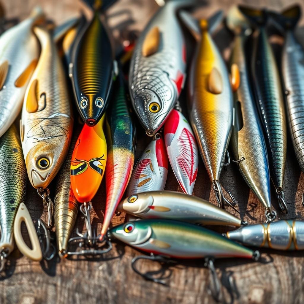 A close-up shot of various fishing lures for sea bass, arranged neatly on a wooden surface. The lures display a diverse array of colors, shapes, and designs - including swimbaits, jigs, spoons, and crankbaits. The lighting is soft and natural, creating subtle shadows that accentuate the textures and details of the lures. The background is slightly blurred, keeping the focus on the foreground elements. The overall composition conveys a sense of expertise and the careful selection of the right lure for effective sea bass fishing. A close-up shot of various fishing lures for sea bass, arranged neatly on a wooden surface. The lures display a diverse array of colors, shapes, and designs - including swimbaits, jigs, spoons, and crankbaits. The lighting is soft and natural, creating subtle shadows that accentuate the textures and details of the lures. The background is slightly blurred, keeping the focus on the foreground elements. The overall composition conveys a sense of expertise and the careful selection of the right lure for effective sea bass fishing.