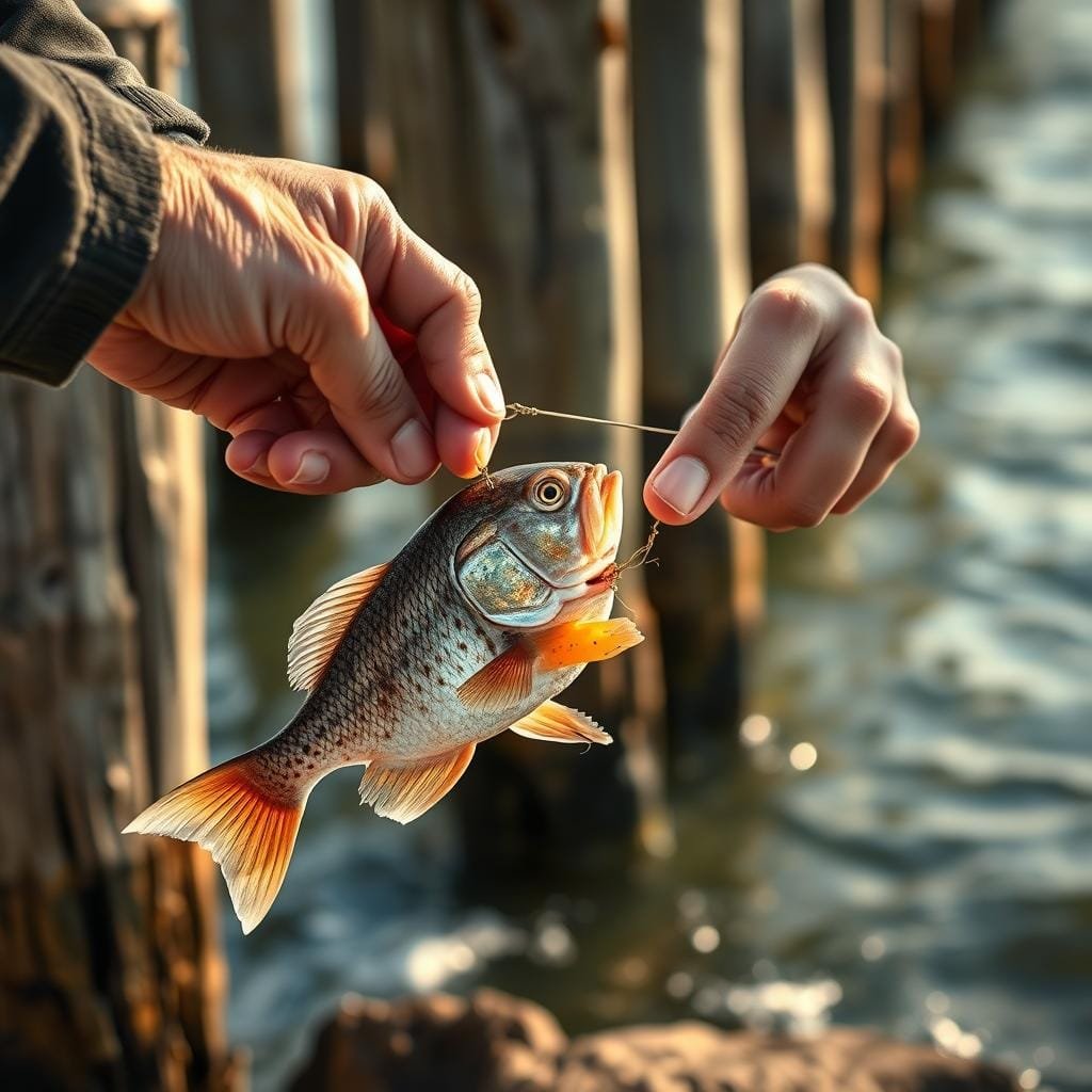 A close-up view of a fisherman's hands skillfully manipulating a hook and line, as they attempt to lure a sheepshead fish from its rocky cove habitat. The scene is captured in sharp focus, with the fisherman's fingers deftly handling the bait and line, set against a blurred background of weathered wooden pilings and gently lapping waves. Warm, natural lighting casts a soft glow, highlighting the textures of the fisherman's calloused hands and the shimmering scales of the elusive sheepshead. The overall mood is one of quiet determination and the age-old practice of this specialized angling technique. A close-up view of a fisherman's hands skillfully manipulating a hook and line, as they attempt to lure a sheepshead fish from its rocky cove habitat. The scene is captured in sharp focus, with the fisherman's fingers deftly handling the bait and line, set against a blurred background of weathered wooden pilings and gently lapping waves. Warm, natural lighting casts a soft glow, highlighting the textures of the fisherman's calloused hands and the shimmering scales of the elusive sheepshead. The overall mood is one of quiet determination and the age-old practice of this specialized angling technique.