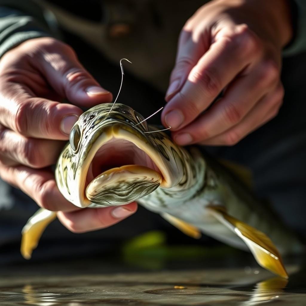 A close-up view of a skilled angler's hands carefully handling a gar fish, its long, slender snout and sharp teeth visible. The angler is using specialized hooking techniques, gently positioning the hook to avoid damaging the gar's delicate mouth. The scene is illuminated by natural, soft lighting, showcasing the intricate details of the gar's scales and the angler's precise movements. The background is blurred, keeping the focus on the central action and the interaction between the human and the gar. The overall mood conveys a sense of careful, respectful handling and the art of effective gar fishing.