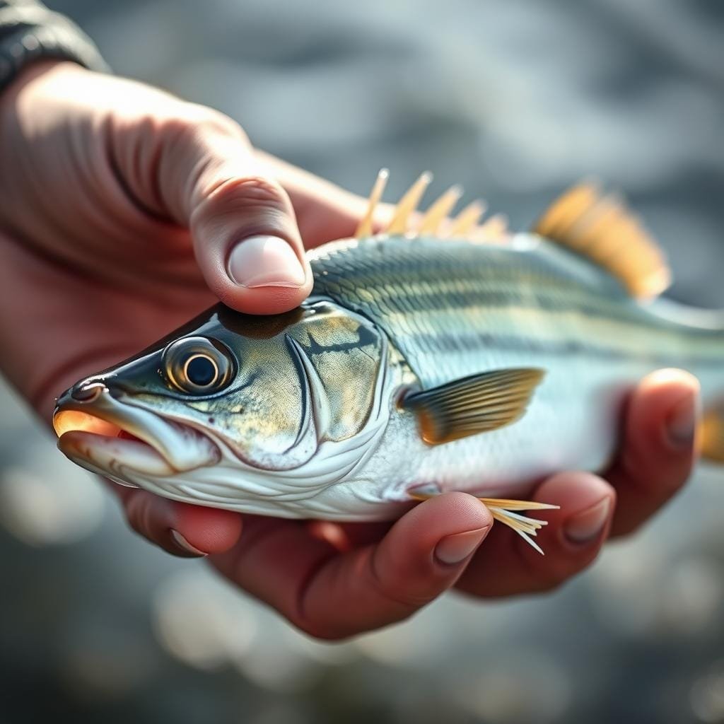 A closeup photograph of a person's hands gently holding a live rock bass fish. The fish is positioned horizontally, with its head towards the left side of the frame. The person's fingers are carefully supporting the fish's body, avoiding any excessive pressure or grip. The fish's vibrant silver-green scales and distinctive spiny fins are in sharp focus, showcasing its natural beauty. Soft, natural lighting illuminates the scene, creating a calm, serene atmosphere. The background is blurred, keeping the focus solely on the delicate interaction between the person and the rock bass. The overall mood is one of care, respect, and appreciation for the wildlife being handled.