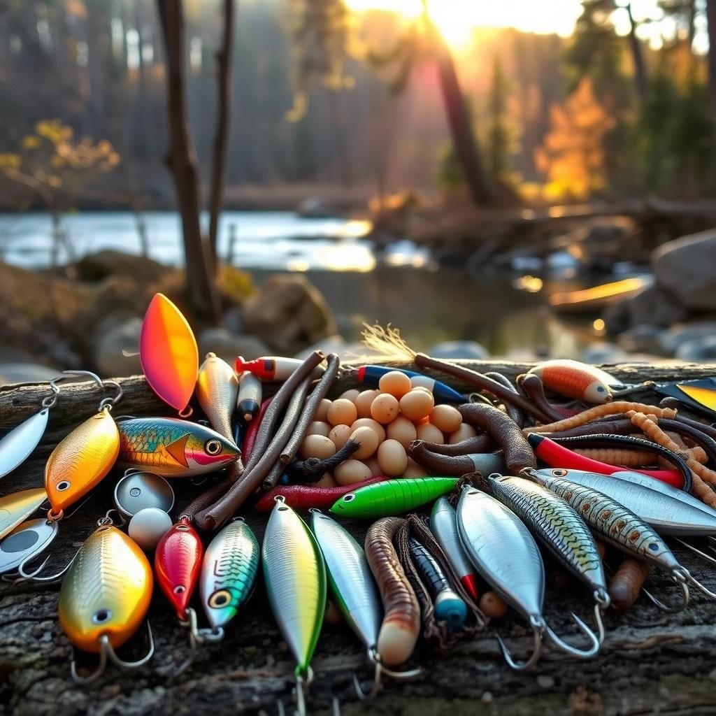 A collection of kokanee fishing lures and baits arranged in a natural, outdoor setting. In the foreground, various lures including spoons, spinners, and jigs in a variety of bright, metallic colors and patterns. In the middle ground, live baits such as worms, grubs, and eggs in natural earth tones. In the background, a wooded landscape with a lake or river, bathed in warm, golden afternoon sunlight filtering through the trees. The scene conveys the excitement and preparation of a successful kokanee fishing expedition, with the tools of the trade displayed in an inviting, aspirational manner.