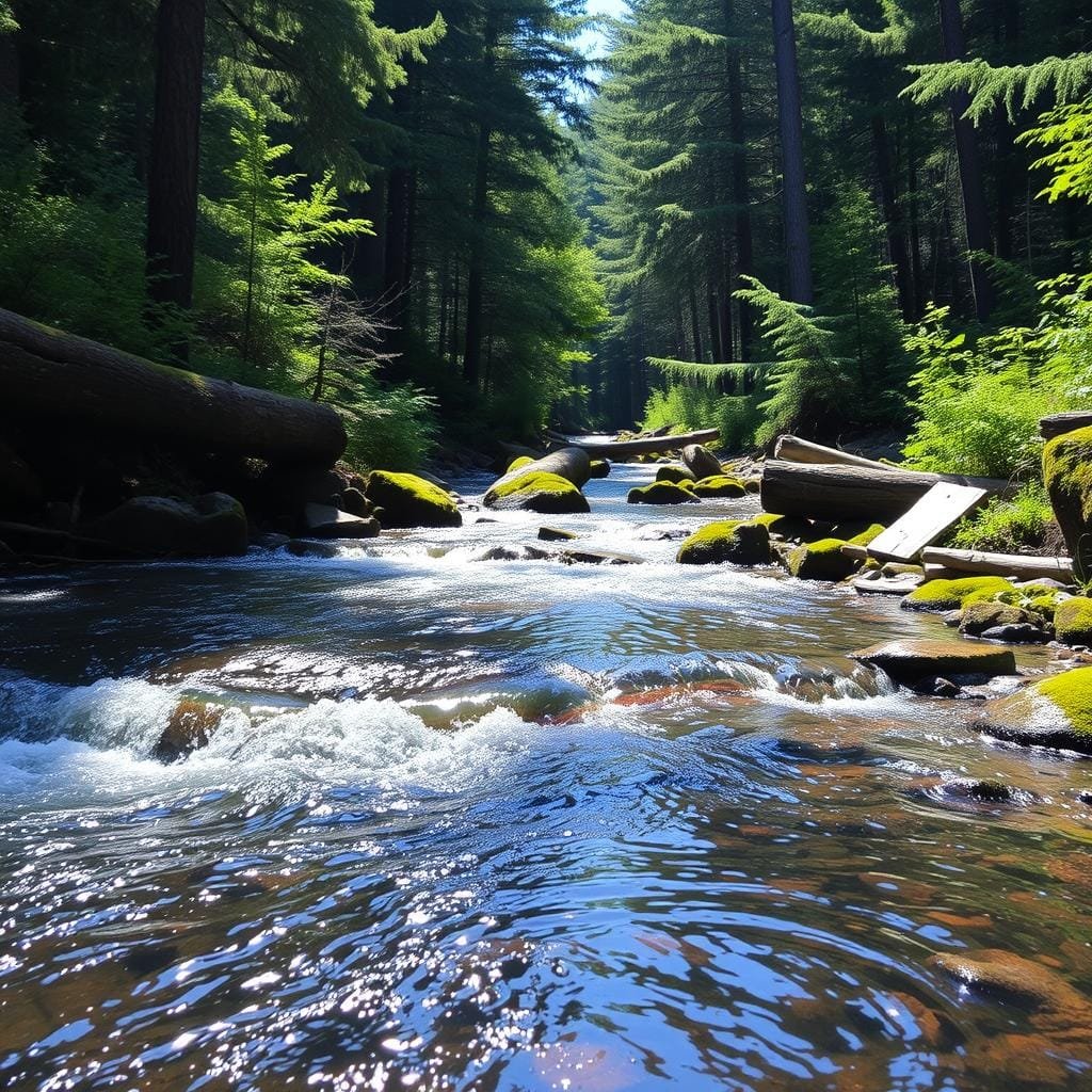 A crystal-clear mountain stream flows gently through a lush, verdant forest. The water is cool and inviting, its surface rippling softly in the dappled sunlight that filters through the canopy above. Mossy rocks and fallen logs line the banks, creating a series of riffles and pools that are the perfect habitat for the elusive brook trout. The air is crisp and fresh, carrying the scent of pine and wildflowers. A gentle breeze whispers through the trees, adding to the serene, tranquil atmosphere. This idyllic scene captures the essence of the perfect conditions for brook trout fishing, inviting the angler to explore and discover the secrets of this enchanting waterway. A crystal-clear mountain stream flows gently through a lush, verdant forest. The water is cool and inviting, its surface rippling softly in the dappled sunlight that filters through the canopy above. Mossy rocks and fallen logs line the banks, creating a series of riffles and pools that are the perfect habitat for the elusive brook trout. The air is crisp and fresh, carrying the scent of pine and wildflowers. A gentle breeze whispers through the trees, adding to the serene, tranquil atmosphere. This idyllic scene captures the essence of the perfect conditions for brook trout fishing, inviting the angler to explore and discover the secrets of this enchanting waterway.