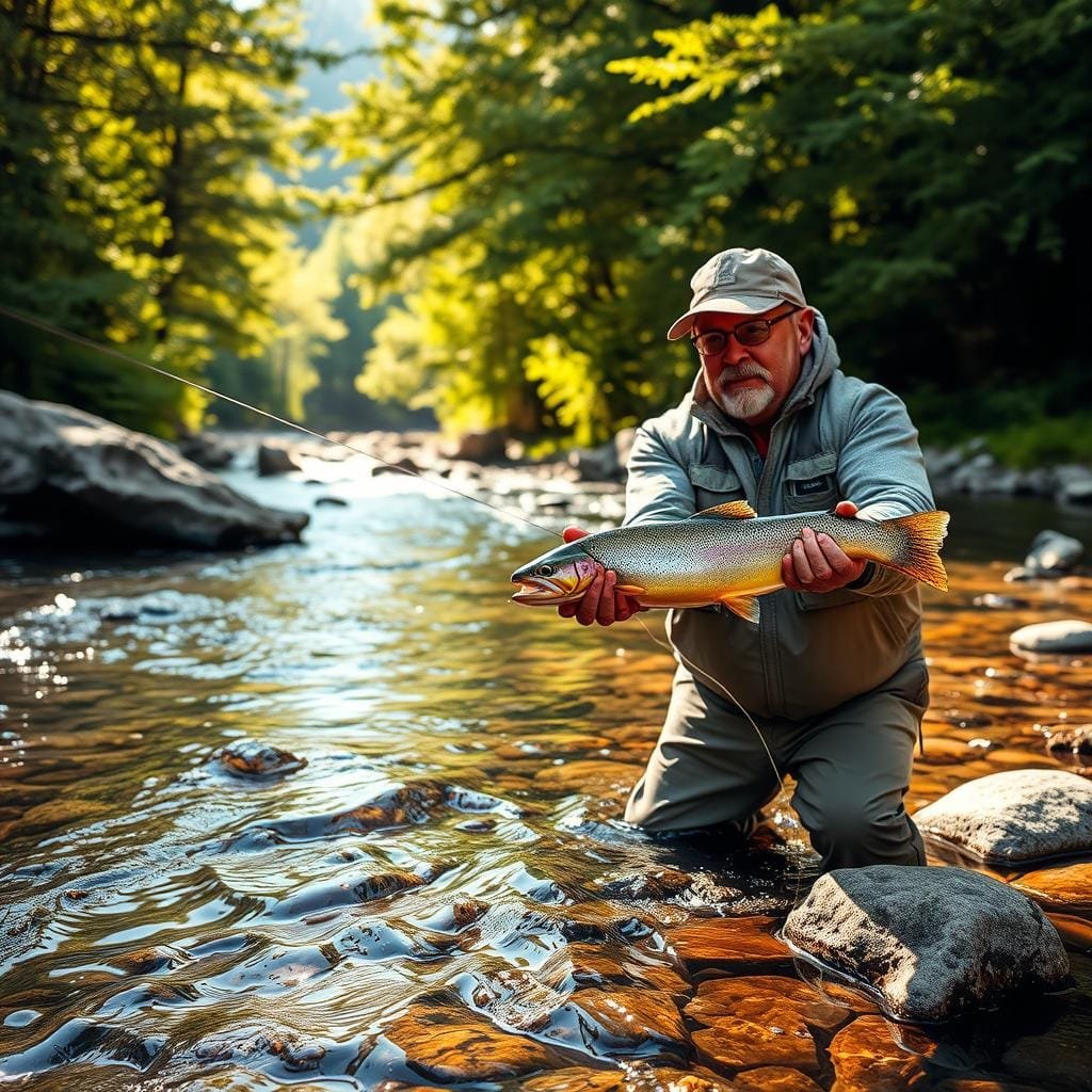 A crystal-clear mountain stream, its waters gently rippling over smooth stones. In the foreground, a skilled fly fisherman casts his line, the delicate motion of his wrist and the graceful arc of the line cutting through the air, a dance of precision and patience. The fisherman's face is focused, their movements fluid, as they read the water and present the perfect fly to the elusive brook trout. Warm sunlight filters through the overhead canopy of verdant trees, casting a golden glow on the scene. The overall atmosphere is one of tranquility, the fisherman fully immersed in the timeless art of fly fishing for this prized species. A crystal-clear mountain stream, its waters gently rippling over smooth stones. In the foreground, a skilled fly fisherman casts his line, the delicate motion of his wrist and the graceful arc of the line cutting through the air, a dance of precision and patience. The fisherman's face is focused, their movements fluid, as they read the water and present the perfect fly to the elusive brook trout. Warm sunlight filters through the overhead canopy of verdant trees, casting a golden glow on the scene. The overall atmosphere is one of tranquility, the fisherman fully immersed in the timeless art of fly fishing for this prized species.