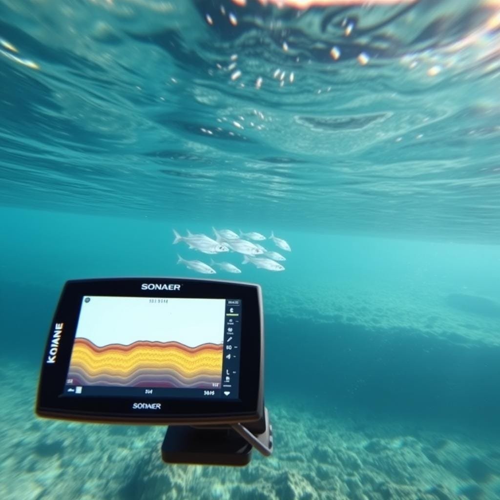 A crystal-clear underwater scene, bathed in the soft glow of natural daylight filtering through the depths. In the foreground, a state-of-the-art sonar display unit, its sleek design and intuitive interface showcasing the advanced technology that enables the precise detection of elusive Kokanee. The middle ground reveals a school of the silvery fish, their movements meticulously tracked by the high-frequency sonar waves emanating from the transducer below. In the distant background, the rugged lakebed terrain provides vital clues to the Kokanee's preferred habitat, guiding the angler towards the most productive fishing hotspots. An atmosphere of scientific precision and technological innovation, perfectly suited to the task of locating and understanding the Kokanee's behavior and environment.