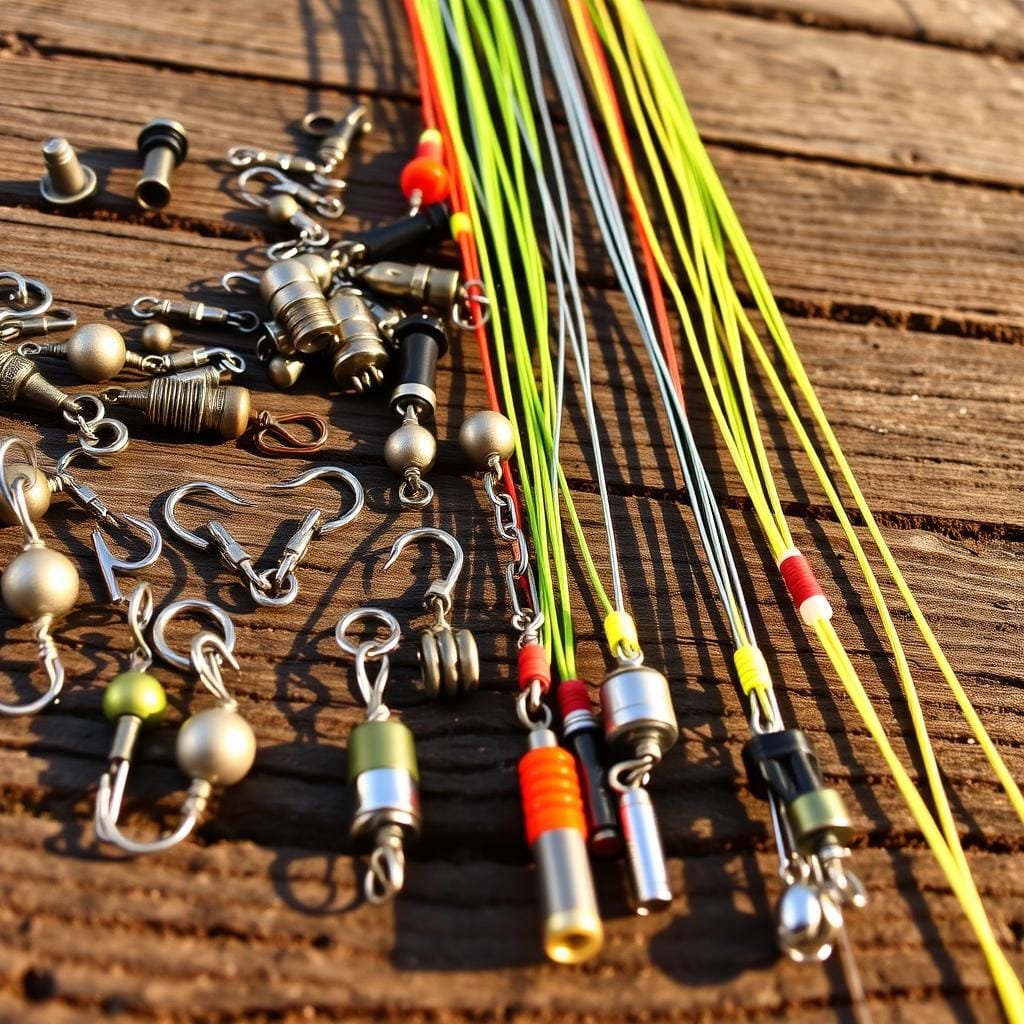 A detailed close-up image of various fishing rigs and terminal tackle used for flathead catfish. The foreground features an array of carefully arranged hooks, weights, swivels, and other terminal components. The middle ground showcases the rigged lines, with fluorocarbon leaders and high-visibility mainline. In the background, a weathered wooden surface or dock provides a textured, rustic backdrop, complementing the fishing gear. Warm, natural lighting casts dynamic shadows, highlighting the textures and materials. The overall mood is one of expertise, precision, and the practical tools required for successful flathead fishing. A detailed close-up image of various fishing rigs and terminal tackle used for flathead catfish. The foreground features an array of carefully arranged hooks, weights, swivels, and other terminal components. The middle ground showcases the rigged lines, with fluorocarbon leaders and high-visibility mainline. In the background, a weathered wooden surface or dock provides a textured, rustic backdrop, complementing the fishing gear. Warm, natural lighting casts dynamic shadows, highlighting the textures and materials. The overall mood is one of expertise, precision, and the practical tools required for successful flathead fishing.