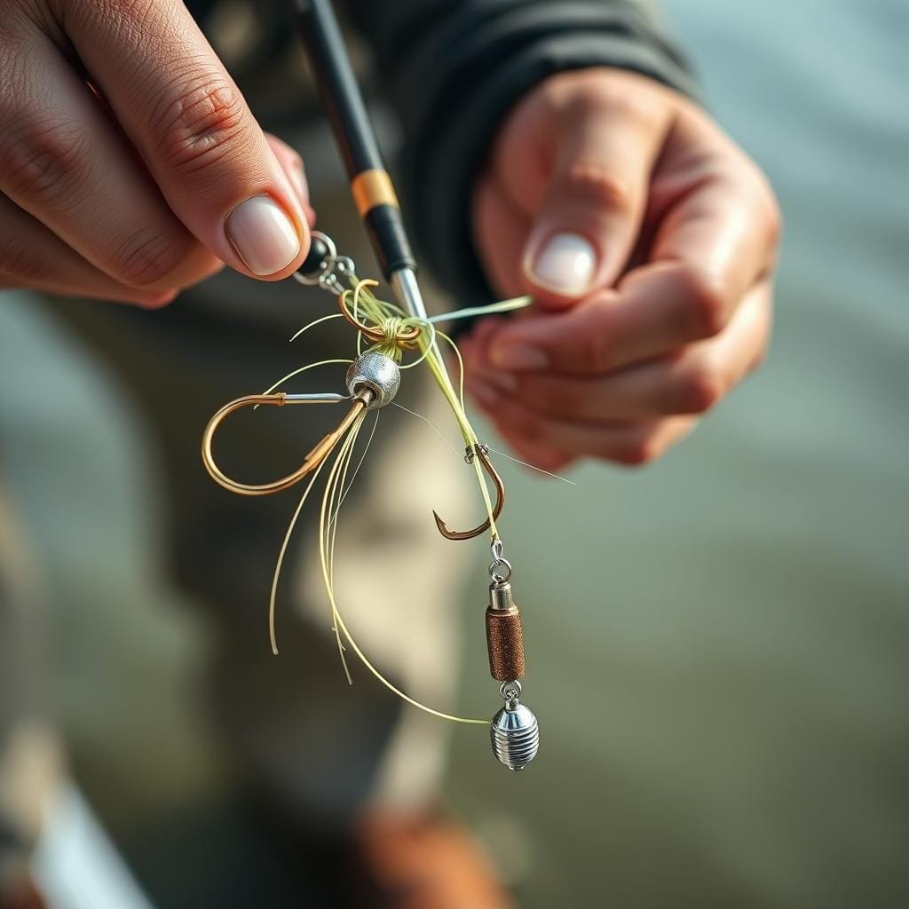 A detailed close-up photograph of an angler's hands expertly tying an advanced fishing rig for sheepshead. The rig features a sturdy leader, multiple hooks, and a sliding sinker, all precisely knotted with careful precision. The angler's fingers deftly manipulate the line, creating a meticulously crafted setup designed to hook these wily fish. The image is shot from a low angle, highlighting the intricate details of the rig against a blurred, neutral background, bathed in soft, natural lighting that accentuates the textures of the materials. A detailed close-up photograph of an angler's hands expertly tying an advanced fishing rig for sheepshead. The rig features a sturdy leader, multiple hooks, and a sliding sinker, all precisely knotted with careful precision. The angler's fingers deftly manipulate the line, creating a meticulously crafted setup designed to hook these wily fish. The image is shot from a low angle, highlighting the intricate details of the rig against a blurred, neutral background, bathed in soft, natural lighting that accentuates the textures of the materials.
