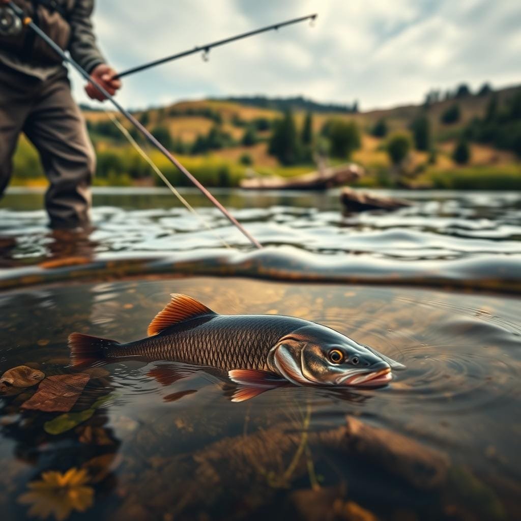 A detailed scene of channel catfish fishing techniques. In the foreground, a skilled angler stands knee-deep in a tranquil river, their line carefully cast into the water. The middle ground reveals the catfish's natural habitat, with lush vegetation, submerged logs, and gently swirling currents. The background features a picturesque landscape, with rolling hills, scattered trees, and a softly overcast sky, creating a serene and atmospheric ambiance. Warm, natural lighting illuminates the scene, casting soft shadows and highlights that enhance the details of the fishing gear, the angler's movements, and the captivating underwater environment. The overall composition conveys the essence of mastering the techniques for catching channel catfish.