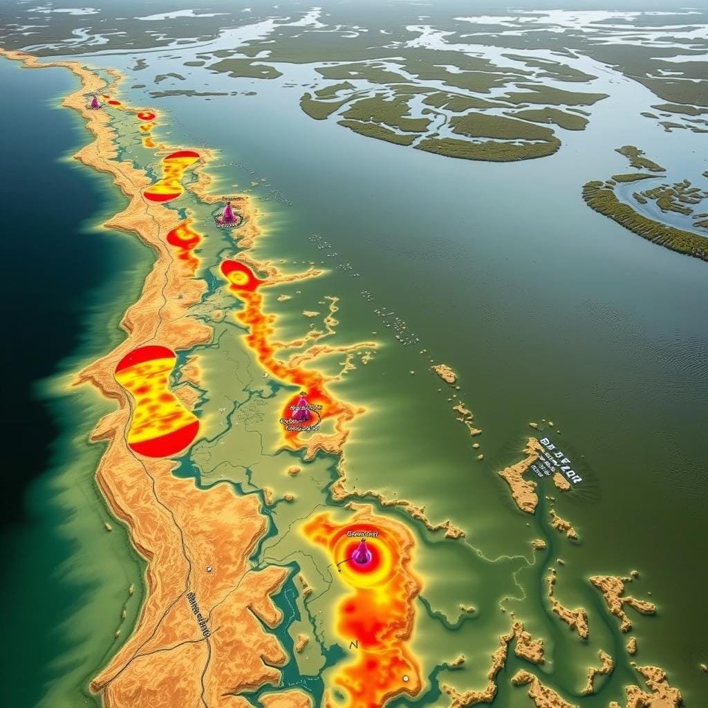 A detailed topographical map of a coastal estuary, meticulously charting the locations and migratory patterns of seatrout. The foreground features a high-definition bathymetric survey, showcasing the intricate channels, submerged sandbars, and depth contours that seatrout frequent. In the middle ground, a heat map overlay highlights the prime fishing spots, denoted by vibrant reds and oranges. The background panorama reveals the larger estuarine system, with marshlands, oyster beds, and tidal creeks rendered in muted greens and blues. Crisp, natural lighting casts long shadows, conveying a sense of depth and realism. The overall composition evokes the tranquility and dynamism of the seatrout's aquatic habitat, guiding anglers to the most productive fishing locations.