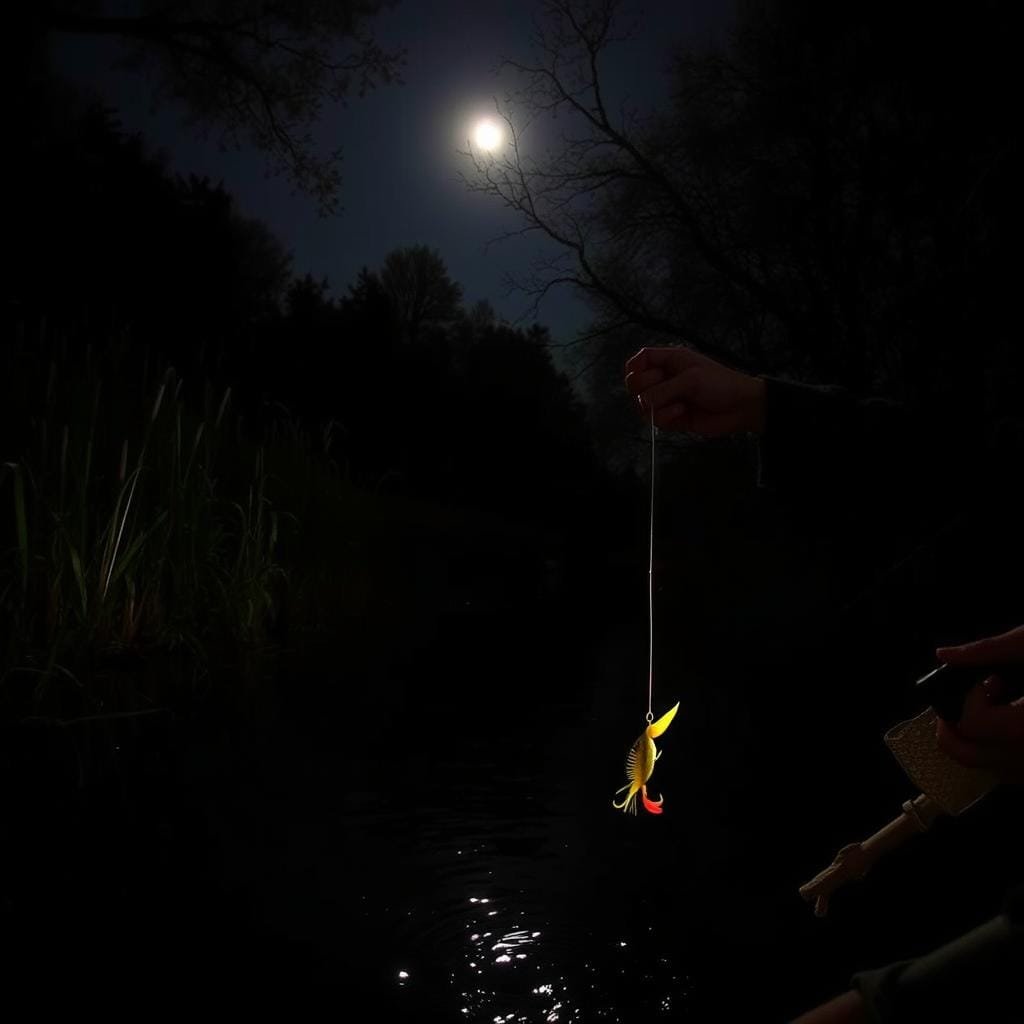 A dimly lit riverbank at night, the surface of the water gently rippling. In the foreground, a skilled angler carefully lowers a line into the dark depths, their movements precise and deliberate. The water's edge is lined with tall reeds and shadowy trees, creating an atmosphere of mystery and anticipation. Moonlight filters through the branches, casting a soft, ethereal glow over the scene. The angler's bait, a juicy, wriggling lure, is strategically positioned to attract the elusive, nocturnal flathead catfish. The entire composition evokes a sense of patience, focus, and the thrill of the hunt. A dimly lit riverbank at night, the surface of the water gently rippling. In the foreground, a skilled angler carefully lowers a line into the dark depths, their movements precise and deliberate. The water's edge is lined with tall reeds and shadowy trees, creating an atmosphere of mystery and anticipation. Moonlight filters through the branches, casting a soft, ethereal glow over the scene. The angler's bait, a juicy, wriggling lure, is strategically positioned to attract the elusive, nocturnal flathead catfish. The entire composition evokes a sense of patience, focus, and the thrill of the hunt.