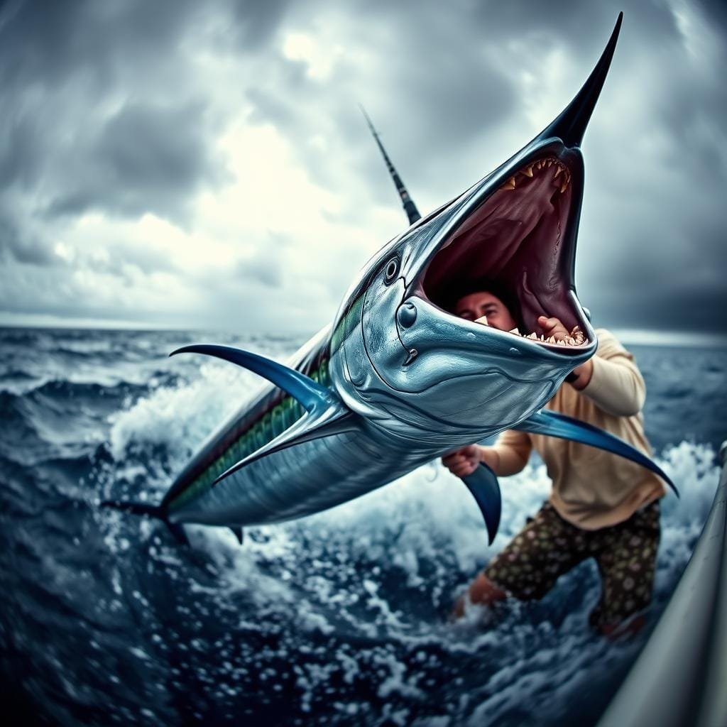 A dramatic close-up of a marlin mid-leap, its powerful jaws open in a fierce display, against a backdrop of crashing ocean waves and dramatic skies. The foreground captures the marlin's sleek, muscular body and iridescent scales in vivid detail, conveying its raw power and predatory grace. The middle ground features the angler locked in an intense battle, wielding a sturdy rod and reel, their face intense with concentration. The background is a moody seascape, with storm clouds and shafts of dramatic lighting illuminating the scene, creating a sense of high-stakes drama and tension. A dramatic close-up of a marlin mid-leap, its powerful jaws open in a fierce display, against a backdrop of crashing ocean waves and dramatic skies. The foreground captures the marlin's sleek, muscular body and iridescent scales in vivid detail, conveying its raw power and predatory grace. The middle ground features the angler locked in an intense battle, wielding a sturdy rod and reel, their face intense with concentration. The background is a moody seascape, with storm clouds and shafts of dramatic lighting illuminating the scene, creating a sense of high-stakes drama and tension.