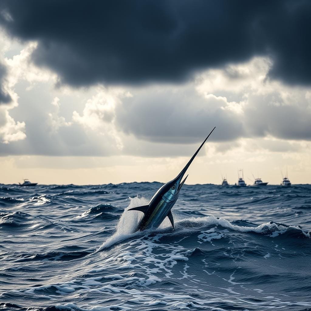 A dramatic seascape with roiling waves and billowing storm clouds overhead. In the foreground, a Marlin breaks the surface, its sleek, muscular body glistening as it arcs through the air. The ocean's surface shimmers with a complex interplay of colors, reflecting the shifting patterns of weather and temperature. In the distance, a fleet of fishing boats rides the swells, their hulls cutting through the chop. The lighting is dramatic, with shafts of sunlight piercing the gloom and casting the scene in a moody, cinematic atmosphere. The overall impression is one of the raw power and unpredictability of the ocean, and the challenges facing the skilled Marlin fisherman. A dramatic seascape with roiling waves and billowing storm clouds overhead. In the foreground, a Marlin breaks the surface, its sleek, muscular body glistening as it arcs through the air. The ocean's surface shimmers with a complex interplay of colors, reflecting the shifting patterns of weather and temperature. In the distance, a fleet of fishing boats rides the swells, their hulls cutting through the chop. The lighting is dramatic, with shafts of sunlight piercing the gloom and casting the scene in a moody, cinematic atmosphere. The overall impression is one of the raw power and unpredictability of the ocean, and the challenges facing the skilled Marlin fisherman.