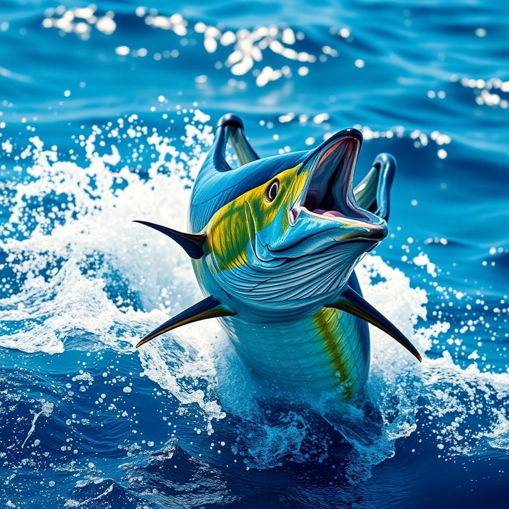 A dynamic seascape with a powerful mahi mahi fish in the foreground, its muscular body thrashing against the waves as it fights to break free. The background is a vibrant blue ocean, with sunlight glinting off the water's surface, creating a sense of energy and movement. The mahi mahi's scales shimmer in high definition, its vivid colors of green, blue, and yellow standing out against the turbulent backdrop. The scene is captured from a slightly elevated angle, allowing the viewer to witness the dramatic struggle of the fish as it strains to escape the line. The overall mood is one of excitement and anticipation, capturing the intensity of the moment when the angler must expertly land the prized catch.