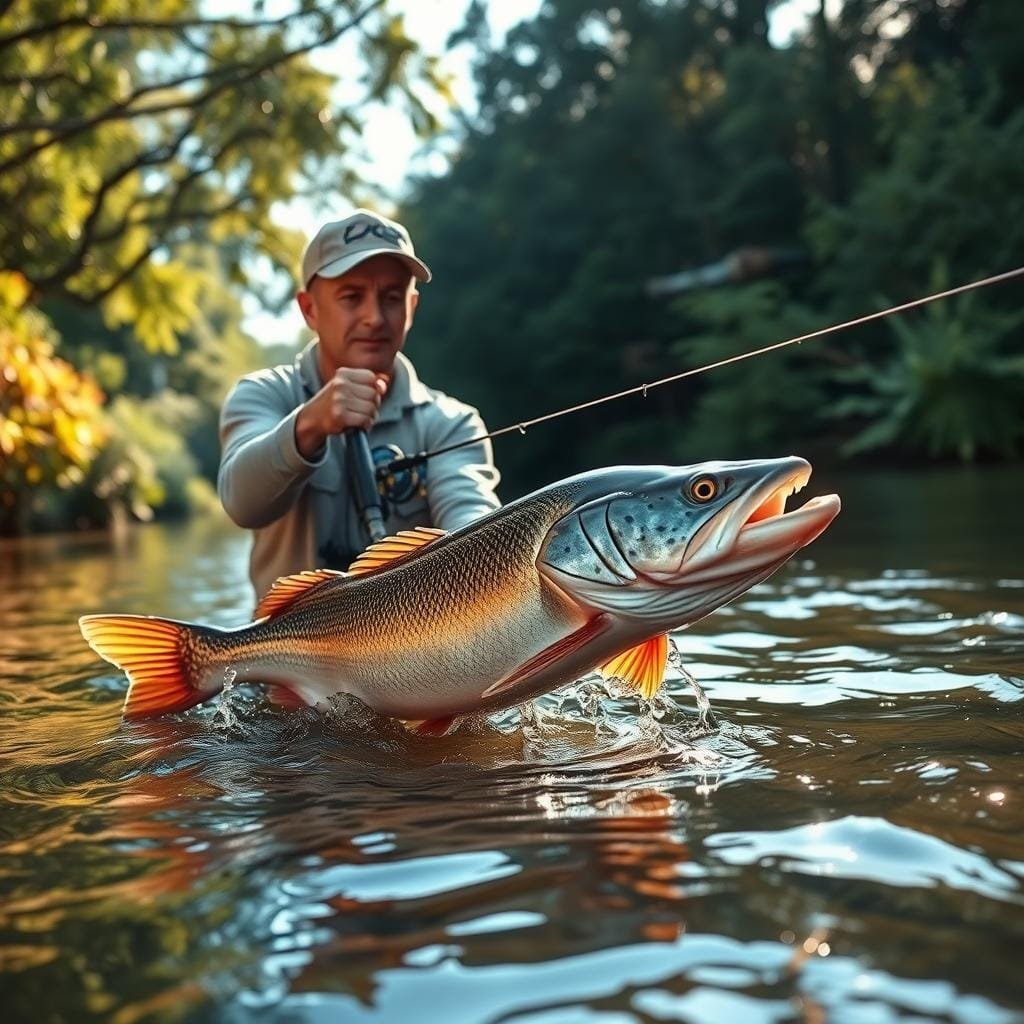 A fishing enthusiast standing waist-deep in a peaceful river, their line taut as they expertly manipulate their rod to reel in a sizeable channel catfish. The riverbank is lined with lush vegetation, and the warm sunlight filters through the canopy, casting a soft, golden glow over the scene. The fisherman's face is filled with concentration, their eyes locked on the task at hand, while the catfish thrashes in the water, its distinctive whiskers and mottled skin visible. The composition captures the thrill and skill of the catch, showcasing the techniques and equipment used to target these elusive bottom-feeders.