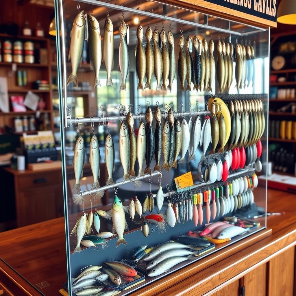 A fishing tackle shop interior with a wooden counter and glass display cases showcasing an assortment of different walleye fishing baits. The baits are arranged neatly, including live minnows, jigs, spoons, crankbaits, and soft plastics in various colors and sizes. The lighting is warm and natural, casting a soft glow on the displays. The background features shelves stocked with other fishing gear and accessories. The overall atmosphere is one of expertise and thoughtful curation, reflecting the knowledge and experience required to select the perfect walleye bait. A fishing tackle shop interior with a wooden counter and glass display cases showcasing an assortment of different walleye fishing baits. The baits are arranged neatly, including live minnows, jigs, spoons, crankbaits, and soft plastics in various colors and sizes. The lighting is warm and natural, casting a soft glow on the displays. The background features shelves stocked with other fishing gear and accessories. The overall atmosphere is one of expertise and thoughtful curation, reflecting the knowledge and experience required to select the perfect walleye bait.