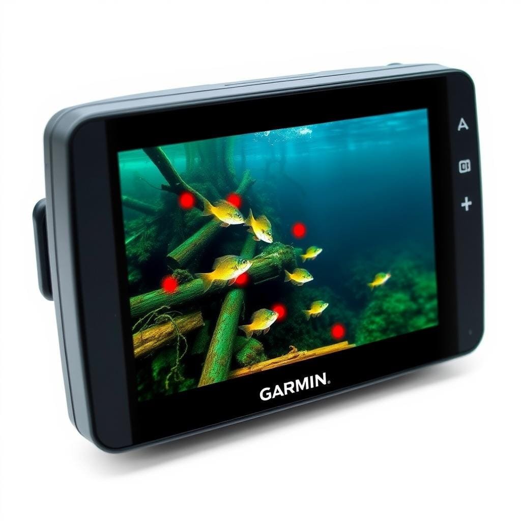 A high-definition, photorealistic image of a Garmin Livescope fish finder screen, displaying a clear view of a deep, lush underwater structure teeming with crappie. The screen's display shows a detailed sonar map, with various shades of blue and green hues representing the depth and density of the water column. Vibrant orange and red spots indicate the precise locations of multiple crappie, swimming among the submerged logs, branches, and vegetation. The image is captured at a slight angle, showcasing the screen's sleek, modern design and advanced technological capabilities. The lighting is natural and evenly distributed, creating a realistic and immersive scene that perfectly captures the essence of "Locating Crappie: Reading Water and Structure".