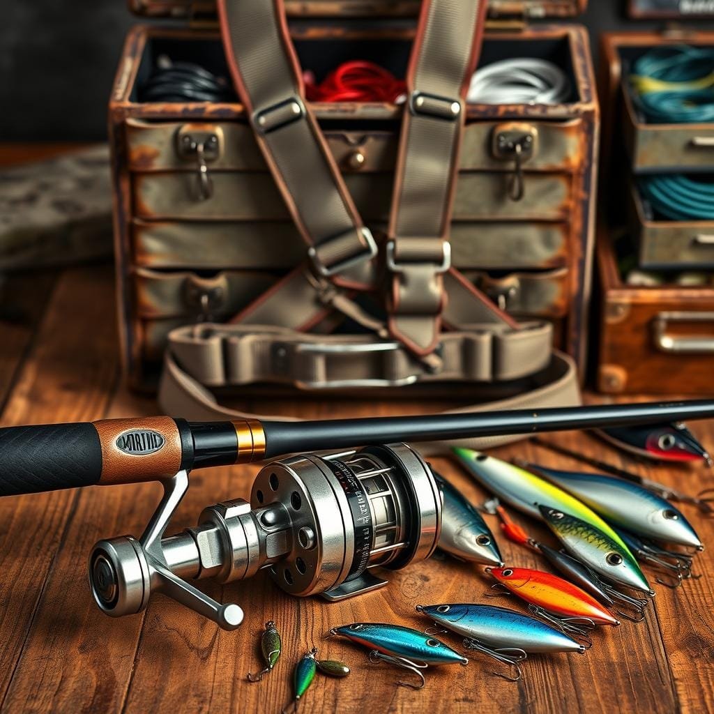 A high-quality angling setup for sailfish, meticulously arranged on a rustic wooden surface. In the foreground, a sleek saltwater spinning reel with a polished chrome finish, paired with a graphite composite rod, its blank shimmering under warm studio lighting. Beside it, an array of precisely crafted lures and terminal tackle - colorful skirts, sharp treble hooks, and streamlined jigheads. In the middle ground, a specialized sailfish fighting harness, its padded waist belt and adjustable straps evoking the thrill of the chase. In the background, a weathered tackle box, its drawers brimming with an array of specialized line, leader material, and other essential gear. The overall mood is one of professional-grade equipment, ready to meet the challenge of the elusive sailfish. A high-quality angling setup for sailfish, meticulously arranged on a rustic wooden surface. In the foreground, a sleek saltwater spinning reel with a polished chrome finish, paired with a graphite composite rod, its blank shimmering under warm studio lighting. Beside it, an array of precisely crafted lures and terminal tackle - colorful skirts, sharp treble hooks, and streamlined jigheads. In the middle ground, a specialized sailfish fighting harness, its padded waist belt and adjustable straps evoking the thrill of the chase. In the background, a weathered tackle box, its drawers brimming with an array of specialized line, leader material, and other essential gear. The overall mood is one of professional-grade equipment, ready to meet the challenge of the elusive sailfish.