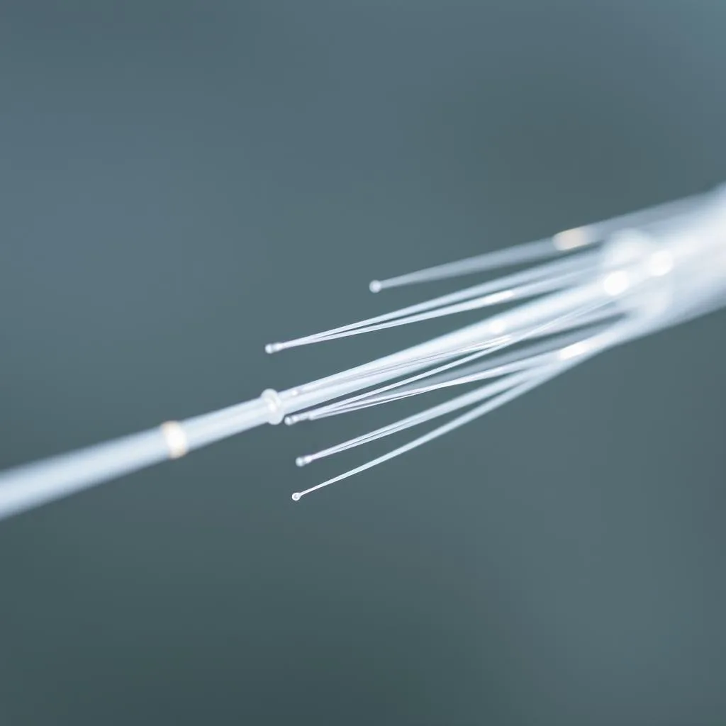 A high-quality fluorocarbon fishing leader, meticulously crafted for optimal performance. Captured in a crisp, close-up view, the leader's translucent filaments shimmer under soft, diffused lighting, revealing its remarkable clarity and strength. The leader's delicate yet durable construction is showcased against a subtly blurred, muted background, emphasizing its role as a critical component in the essential gear for successful flounder fishing.