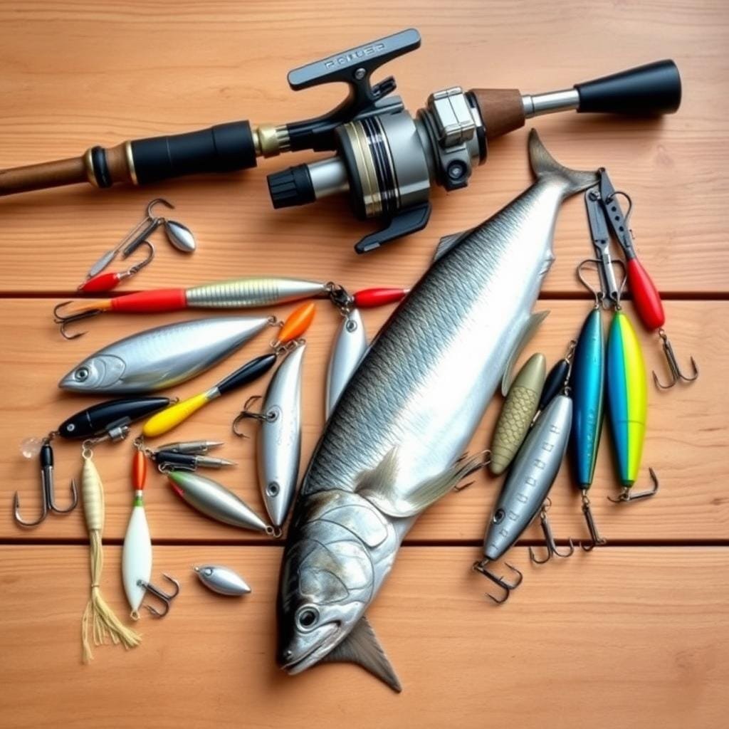 A high-quality image of an array of fishing tackle for king mackerel, including a sturdy rod and reel, a selection of lures and hooks, and various other essential gear. The tackle is arranged on a wooden surface, with a neutral background that allows the gear to be the focal point. The lighting is natural and warm, highlighting the textures and colors of the equipment. The overall composition is clean and organized, emphasizing the importance of having the right tools for successful king mackerel fishing.