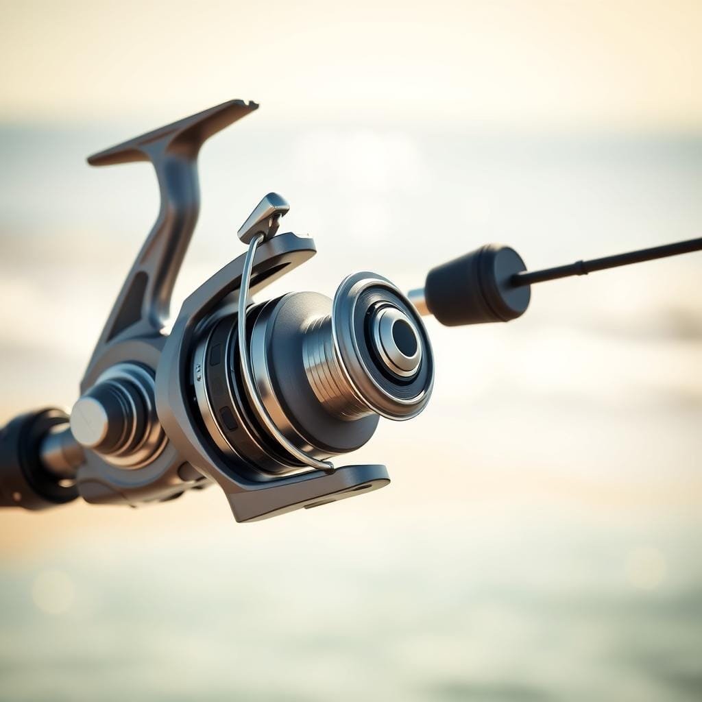 A high-quality, photorealistic image of a professional-grade spinning reel and inshore saltwater fishing rod against a blurred coastal backdrop. The reel is a sleek, silver-grey design with a visible spool and drag system. The rod is a lightweight, graphite composite with a pistol-grip handle. The composition places the gear in the foreground, with a hazy, sun-dappled beach and ocean horizon in the background, conveying a sense of readiness for an inshore fishing excursion. Soft, warm lighting casts subtle shadows, enhancing the textures and contours of the equipment. The overall mood is one of anticipation and preparation for a productive seatrout fishing trip.
