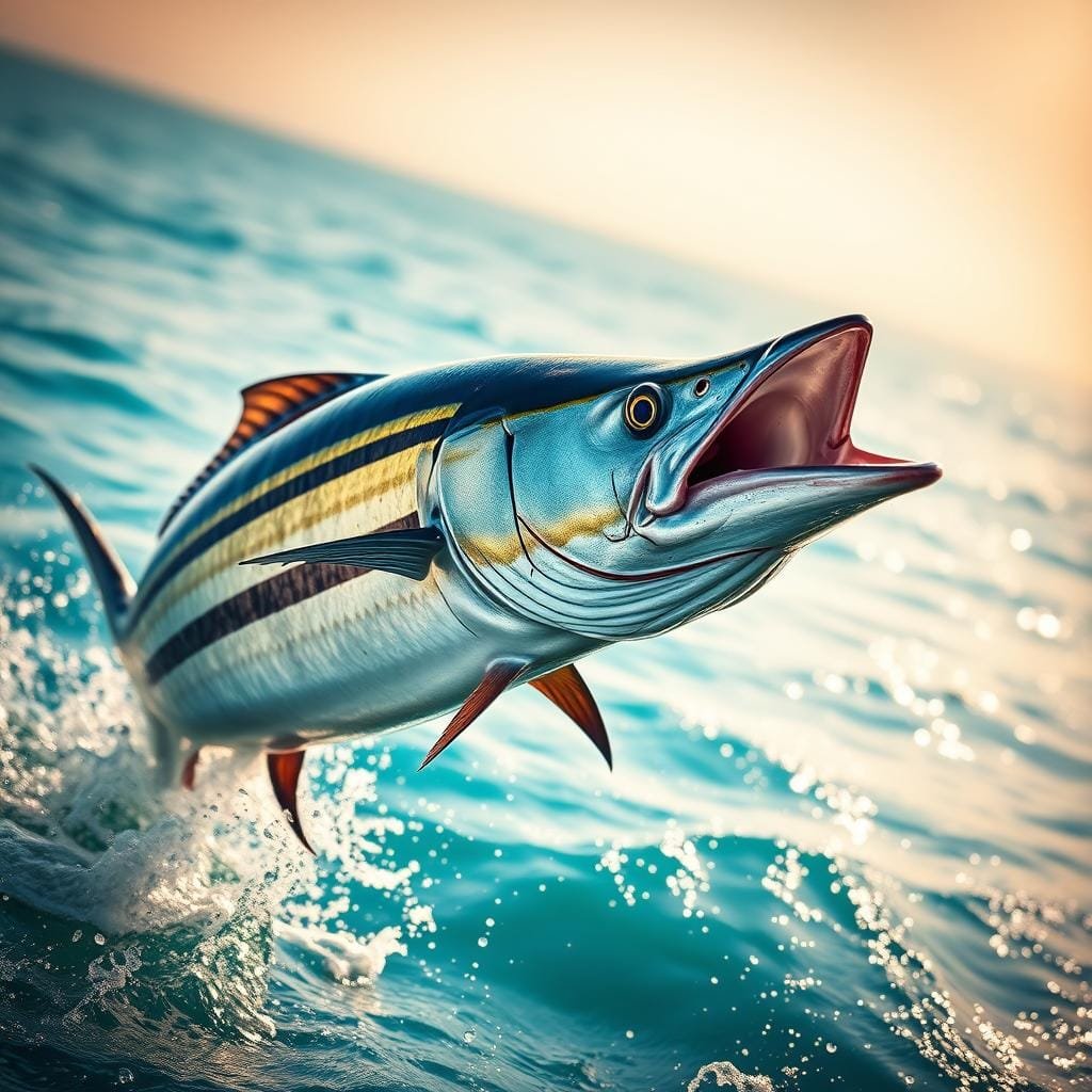 A majestic trophy kingfish, its powerful body shimmering in the warm, golden sunlight as it leaps from the turquoise waters. The fish's muscular flanks are adorned with bold, dark stripes, its cavernous mouth agape, revealing sharp, jagged teeth. In the foreground, water droplets glisten on its sleek, hydrodynamic form, while the background is a hazy, sun-dappled seascape, suggesting the thrill of the chase and the triumph of the catch. The image is captured with a telephoto lens, framing the kingfish in dramatic close-up, conveying a sense of raw power and the ultimate prize for any serious angler.