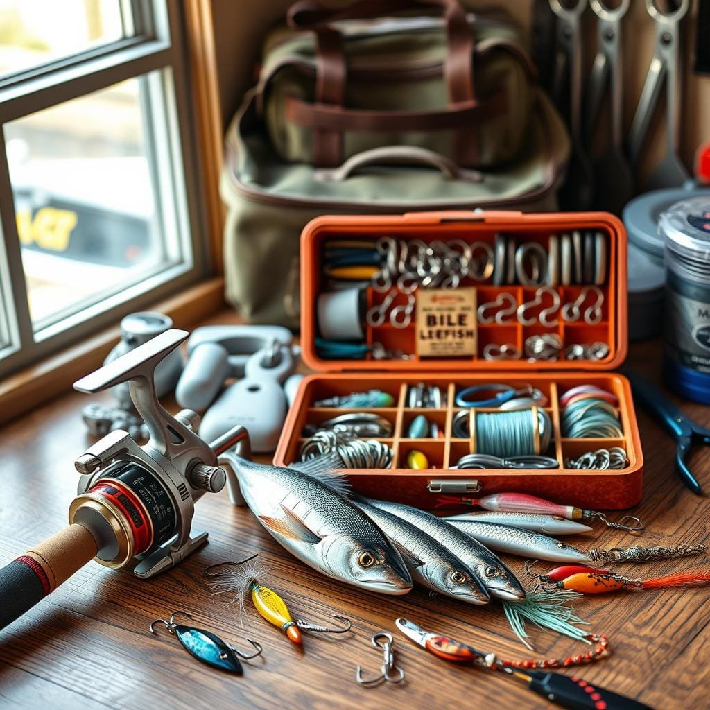 A meticulously arranged display of premium bluefish fishing tackle, illuminated by warm, natural light filtering through a window. In the foreground, a sleek, high-quality rod and reel combo sits atop a wooden surface, accompanied by an assortment of lures, hooks, and leaders in a variety of colors and sizes. The middle ground features a neatly organized tackle box, its compartments revealing an array of specialized bluefish-specific gear, including wire leaders, heavy-duty swivels, and durable line. In the background, a vintage-inspired tackle bag and a set of pliers and tools hint at the experienced angler's dedication to this thrilling pursuit.
