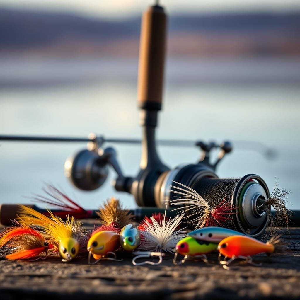 A meticulously arranged still life depicting an assortment of fishing tackle. In the foreground, a selection of kokanee fishing dodgers and flashers in various vibrant colors and shapes are displayed against a softly blurred background. The dodgers and flashers are illuminated by warm, natural lighting, casting subtle shadows and highlights that accentuate their intricate design details. The middle ground features a fishing rod and reel, suggesting the practical application of these specialized lures. The background is a tranquil, out-of-focus landscape, hinting at the serene setting where these tools would be employed to catch the elusive kokanee.