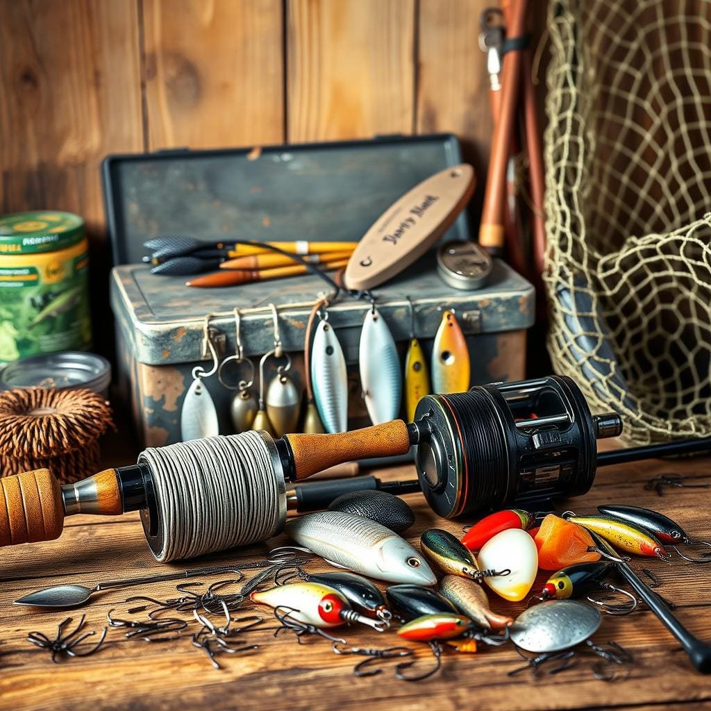 A meticulously curated collection of essential gar fishing gear, artfully arranged against a rustic wooden backdrop. In the foreground, a heavy-duty fishing rod and reel with thick braided line, a selection of large treble hooks, and an array of heavy-duty wire leaders. In the middle ground, a variety of lures and baits tailored for gar, including large spoons, spinnerbaits, and cut bait. The background features a weathered tackle box, a sharpening stone, and a well-worn landing net, all illuminated by warm, natural lighting that casts subtle shadows, creating a sense of depth and texture.