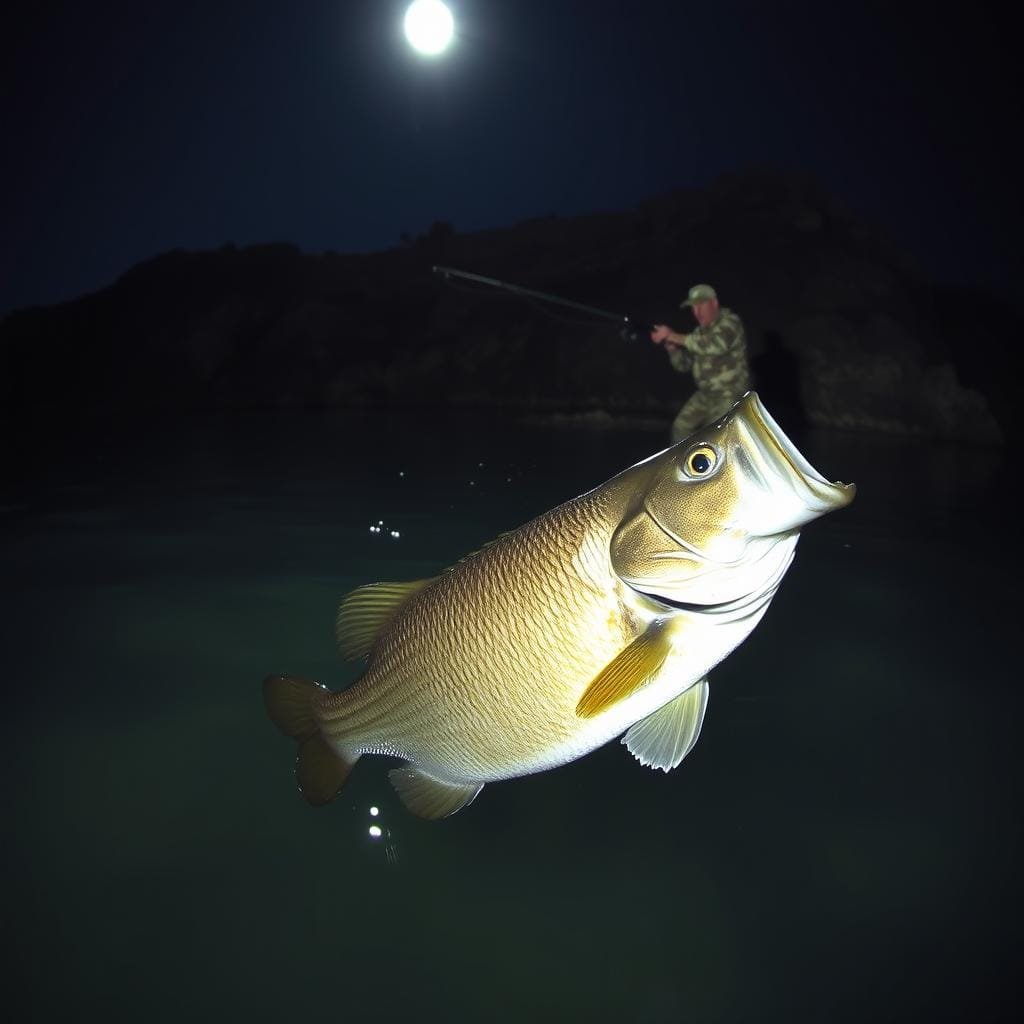 A moonlit night illuminates the serene waters of a tranquil lake. In the foreground, a rock bass expertly navigates the shadowy depths, its scales reflecting the lunar glow. In the middle ground, a skilled angler, clad in camouflage, casts a delicate line, their movements fluid and precise. The background showcases the rugged, rocky shoreline, lending an air of mystery and adventure to the scene. The lighting is soft and natural, creating a sense of calm and stillness, as if time has stood still. The lens captures the scene from a low angle, emphasizing the power and grace of the rock bass and the quiet determination of the angler. This image evokes the thrill of night fishing, where patience and skill converge to reveal the hidden treasures of the underwater world.