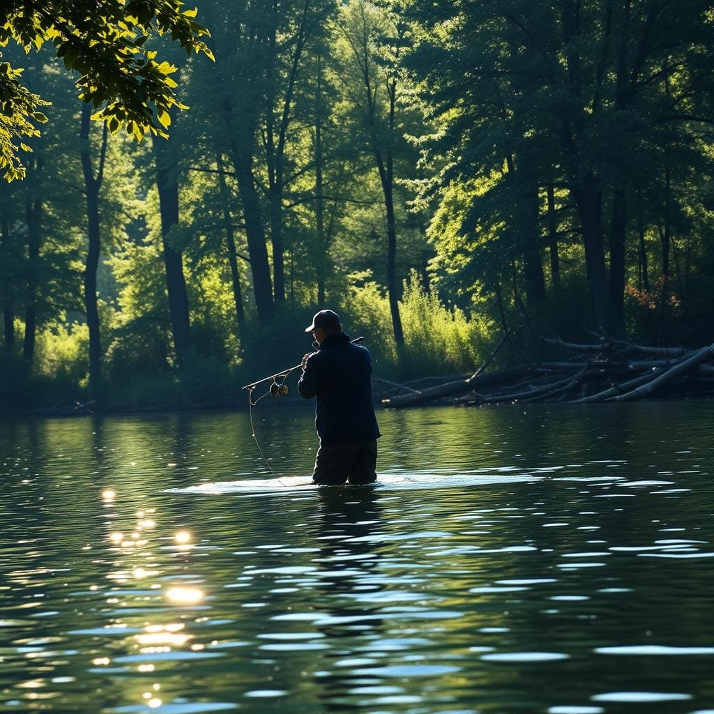 A muskie angler casting a lure into a serene, rippling lake surrounded by lush, verdant foliage. The sunlight filters through the trees, creating a dappled, warm glow on the water's surface. The angler's silhouette is sharply defined, their movements fluid and precise as they work the rod, anticipating the strike of a powerful, elusive muskie. In the distance, the shoreline is dotted with fallen logs and submerged structures, providing ample cover for the toothy predator. The scene conveys a sense of quiet focus and the thrill of the hunt, reflecting the skill and patience required for successful muskie fishing. A muskie angler casting a lure into a serene, rippling lake surrounded by lush, verdant foliage. The sunlight filters through the trees, creating a dappled, warm glow on the water's surface. The angler's silhouette is sharply defined, their movements fluid and precise as they work the rod, anticipating the strike of a powerful, elusive muskie. In the distance, the shoreline is dotted with fallen logs and submerged structures, providing ample cover for the toothy predator. The scene conveys a sense of quiet focus and the thrill of the hunt, reflecting the skill and patience required for successful muskie fishing.