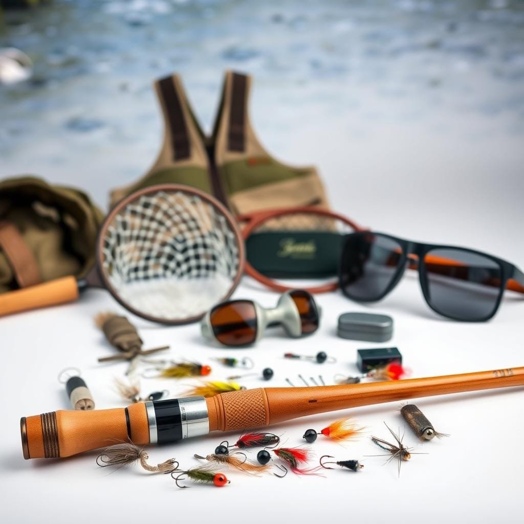 A neatly arranged assortment of essential trout fishing gear, captured in a crisp, well-lit studio setting. In the foreground, a high-quality fly rod and reel, a selection of lures and flies, and a pair of polarized sunglasses. In the middle ground, a landing net, a fishing vest, and a small tackle box. In the background, a clear, blue-tinted stream flows gently, hinting at the natural environment where this gear will be used. The overall composition conveys a sense of preparedness, attention to detail, and the anticipation of a successful trout fishing adventure.