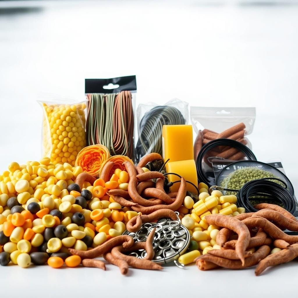 A neatly arranged display of various carp baits and fishing tackle against a clean, well-lit background. In the foreground, a selection of fresh and natural baits such as boilies, corn kernels, and earthworms. In the middle ground, an assortment of specialized carp fishing rigs, including lead clips, hair rigs, and hook lengths. In the background, a subtle, blurred image of a serene lake or river setting, hinting at the ideal fishing environment. The lighting is soft and evenly distributed, accentuating the colors and textures of the baits and tackle. The overall composition conveys a sense of expertise, organization, and the key elements needed for successful carp fishing.