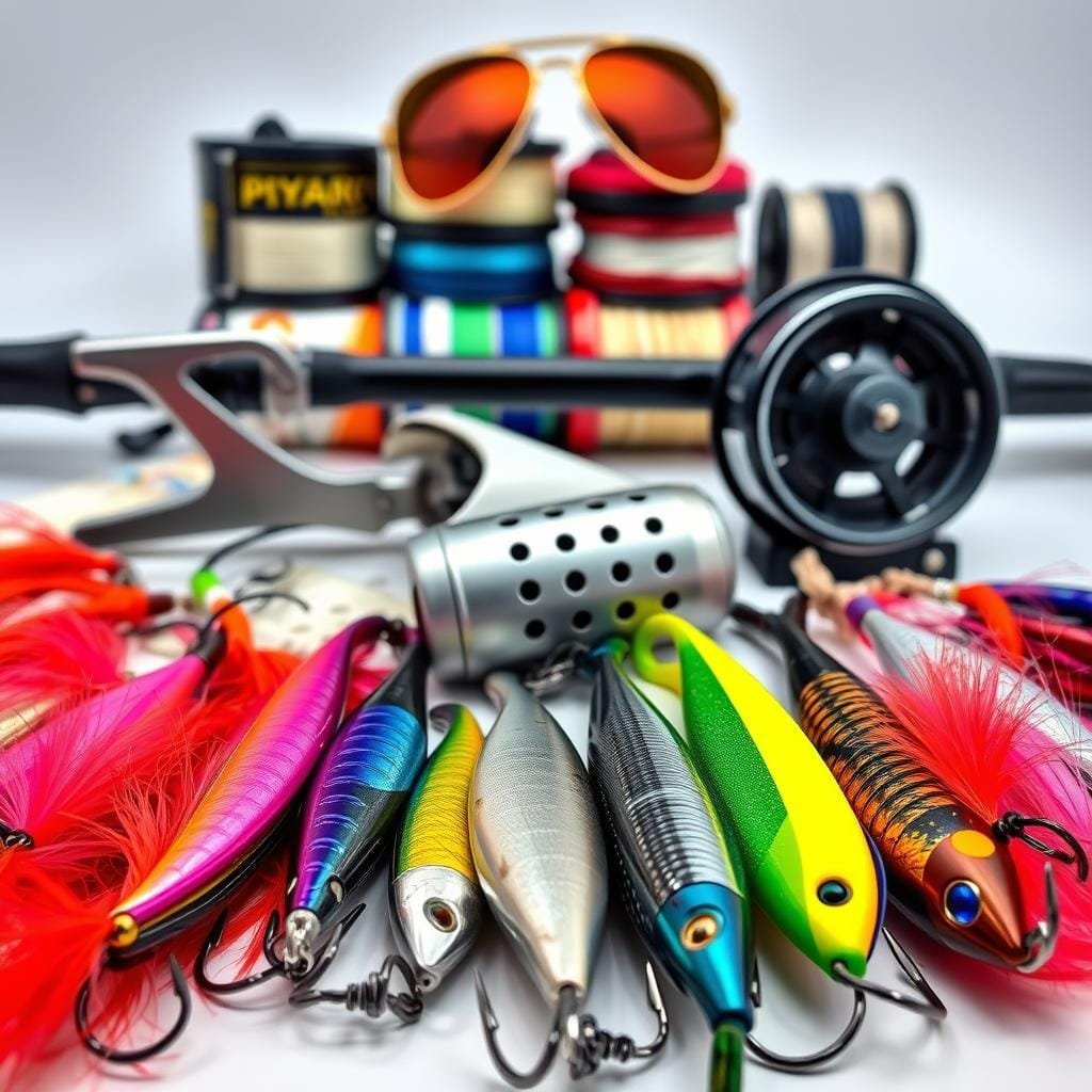 A neatly organized display of essential Mahi Mahi fishing gear, captured in a well-lit studio setting. In the foreground, a selection of high-quality lures, jigs, and hooks in vibrant colors and intricate designs. In the middle ground, a sleek, modern reel and a sturdy, graphite fishing rod. In the background, a collection of carefully spooled fishing lines and a pair of polarized sunglasses, hinting at the coastal environment where this gear would be used. The overall mood is one of professionalism and attention to detail, highlighting the importance of proper equipment for a successful Mahi Mahi fishing expedition.
