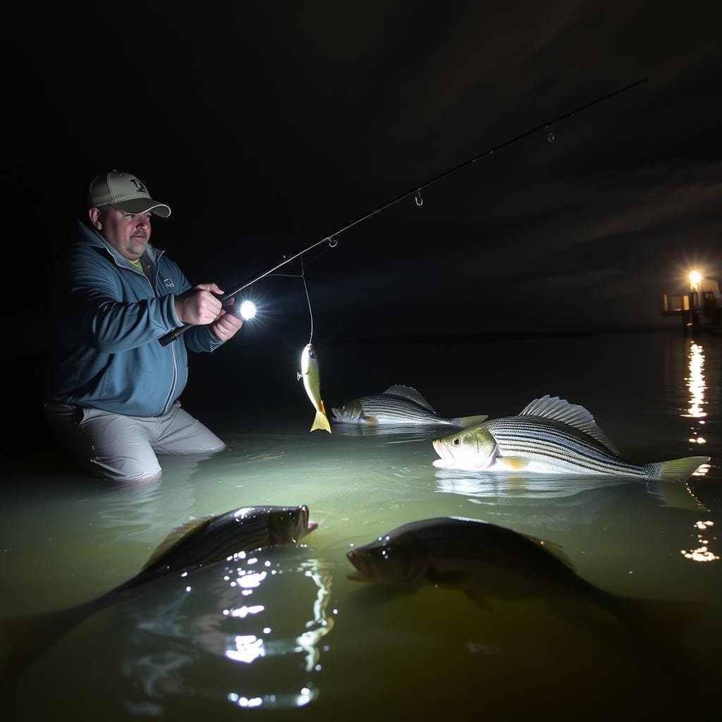 A nighttime scene of an experienced angler honing their striped bass fishing techniques. In the foreground, a skilled fisherman stands knee-deep in a dimly lit river, their face illuminated by the glow of a tactical flashlight. They meticulously work a jointed, suspending lure with a slow, tantalizing retrieve, their movements precise and calculated. In the middle ground, the dark silhouettes of mature striped bass lurk, their keen senses attuned to the subtle movements of the lure. The background is shrouded in a moody atmosphere, with a cloudy night sky and the soft ambiance of a distant dock light, creating an air of mystery and anticipation. The entire scene is imbued with a sense of focus, dedication, and the pursuit of the ultimate catch. A nighttime scene of an experienced angler honing their striped bass fishing techniques. In the foreground, a skilled fisherman stands knee-deep in a dimly lit river, their face illuminated by the glow of a tactical flashlight. They meticulously work a jointed, suspending lure with a slow, tantalizing retrieve, their movements precise and calculated. In the middle ground, the dark silhouettes of mature striped bass lurk, their keen senses attuned to the subtle movements of the lure. The background is shrouded in a moody atmosphere, with a cloudy night sky and the soft ambiance of a distant dock light, creating an air of mystery and anticipation. The entire scene is imbued with a sense of focus, dedication, and the pursuit of the ultimate catch.