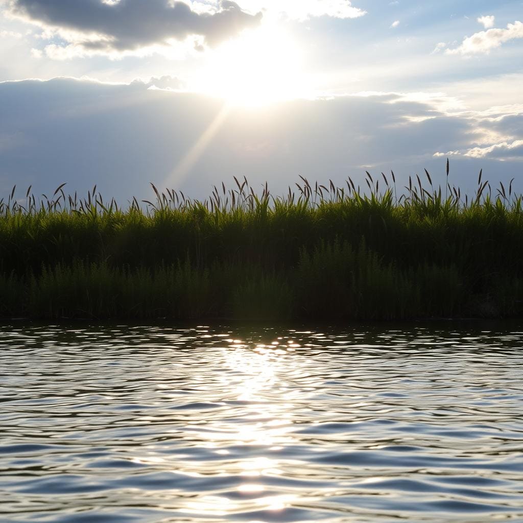 A picturesque lakeside scene capturing the optimal fishing times for bluegill. In the foreground, a tranquil body of water reflects the warm glow of the sun, its surface dotted with gentle ripples. The middle ground features a lush, verdant shoreline, with tall grasses and reeds swaying in a light breeze. In the background, a sprawling, partly cloudy sky sets the mood, with the sun's rays streaming through the clouds, illuminating the scene with a soft, golden light. The overall atmosphere conveys a sense of serenity and the perfect conditions for a successful bluegill fishing expedition.
