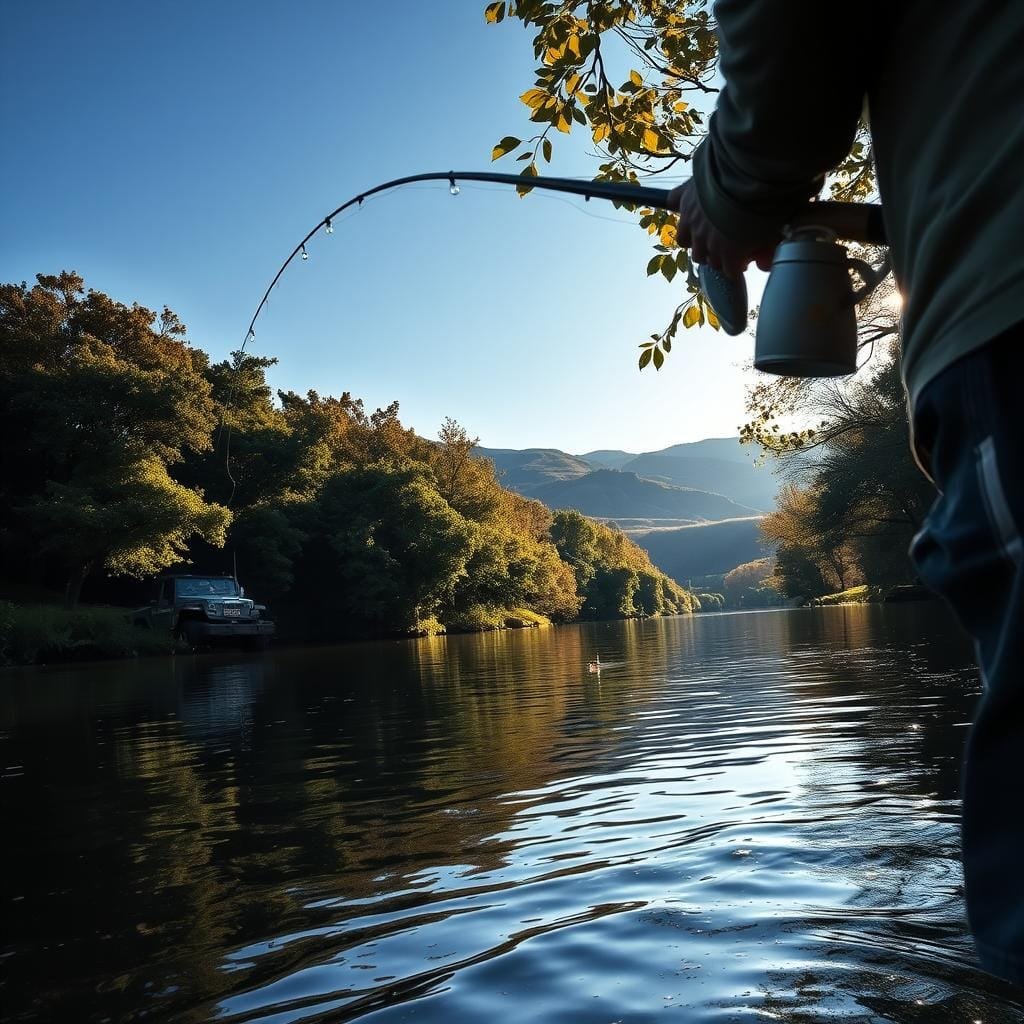 A realistic, high-resolution image of a freshwater striped bass fishing scene. In the foreground, a fisherman is casting a lure into a tranquil river, their body reflected in the calm water. The middle ground features dense foliage and trees lining the riverbank, with shafts of soft, warm sunlight filtering through the leaves. In the background, rolling hills and a clear blue sky complete the serene landscape. The lighting is natural and evocative, with subtle shadows and highlights that bring depth and dimension to the scene. The overall mood is one of peaceful focus and the thrill of the catch. A realistic, high-resolution image of a freshwater striped bass fishing scene. In the foreground, a fisherman is casting a lure into a tranquil river, their body reflected in the calm water. The middle ground features dense foliage and trees lining the riverbank, with shafts of soft, warm sunlight filtering through the leaves. In the background, rolling hills and a clear blue sky complete the serene landscape. The lighting is natural and evocative, with subtle shadows and highlights that bring depth and dimension to the scene. The overall mood is one of peaceful focus and the thrill of the catch.