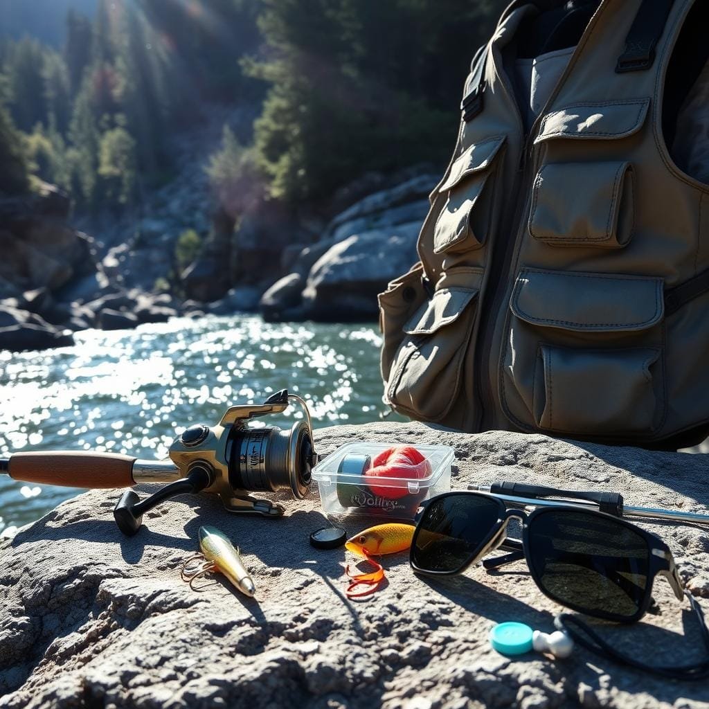 A rugged granite riverbank, sunlight dancing across the rippling waters. In the foreground, an array of essential rock bass fishing gear - a sturdy spinning rod, a reel spooled with high-tensile line, a selection of lifelike lures, and a compact tackle box. A pair of polarized sunglasses sits nearby, ready to cut the glare and reveal the elusive fish beneath the surface. In the middle ground, a weathered fishing vest hangs, its pockets bulging with essential tools and accessories. The background features a densely forested riverbank, hinting at the remote, untamed nature of the rock bass's habitat.