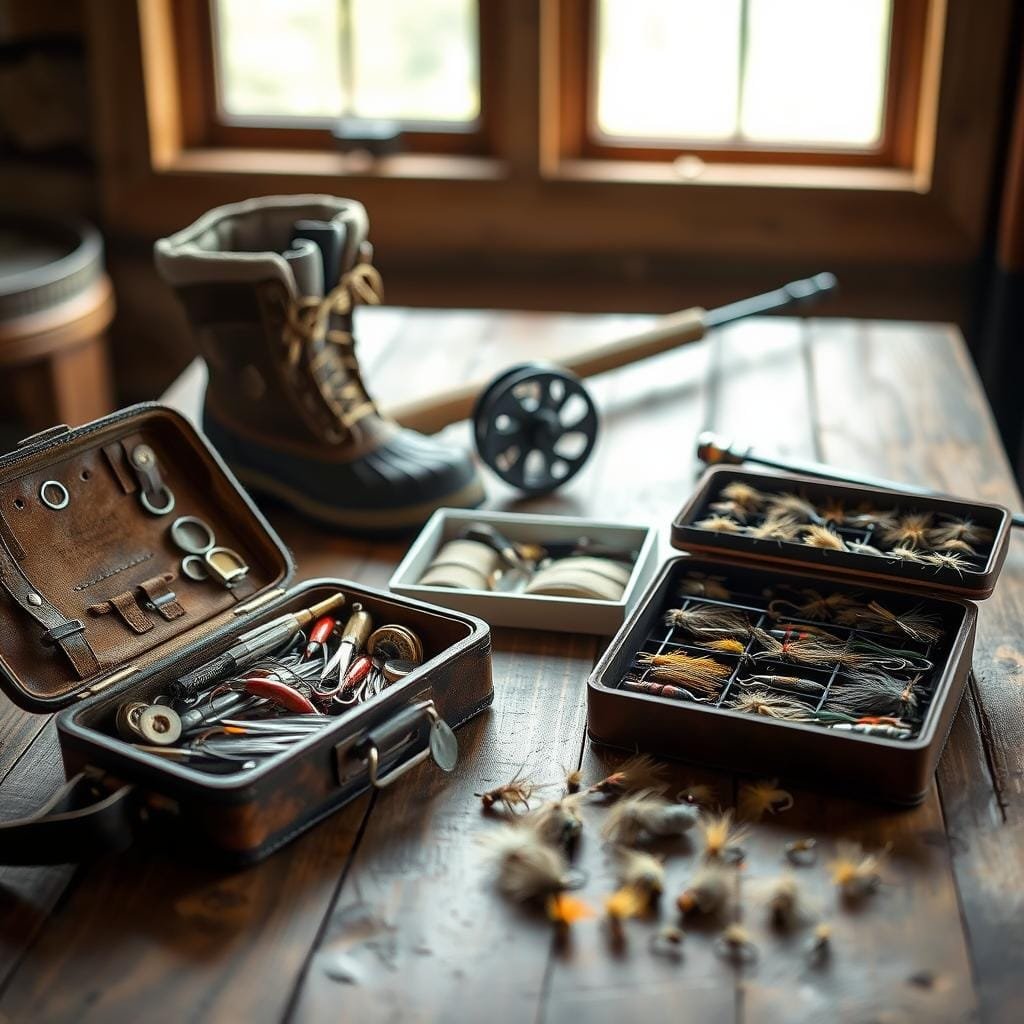 A rustic wooden table is set with an array of brook trout fishing gear. In the foreground, a well-worn leather tackle box sits open, revealing an assortment of lures, hooks, and line. Next to it, a pair of wading boots and a fishing rod with a delicate fly reel stand ready. In the middle ground, a fly box filled with hand-tied flies in various patterns and sizes is neatly arranged. Soft, natural lighting filters through a nearby window, casting a warm glow over the scene. The background is blurred, hinting at a cozy cabin interior or peaceful riverside setting. This image evokes the tranquility and attention to detail that defines the art of brook trout fishing. A rustic wooden table is set with an array of brook trout fishing gear. In the foreground, a well-worn leather tackle box sits open, revealing an assortment of lures, hooks, and line. Next to it, a pair of wading boots and a fishing rod with a delicate fly reel stand ready. In the middle ground, a fly box filled with hand-tied flies in various patterns and sizes is neatly arranged. Soft, natural lighting filters through a nearby window, casting a warm glow over the scene. The background is blurred, hinting at a cozy cabin interior or peaceful riverside setting. This image evokes the tranquility and attention to detail that defines the art of brook trout fishing.