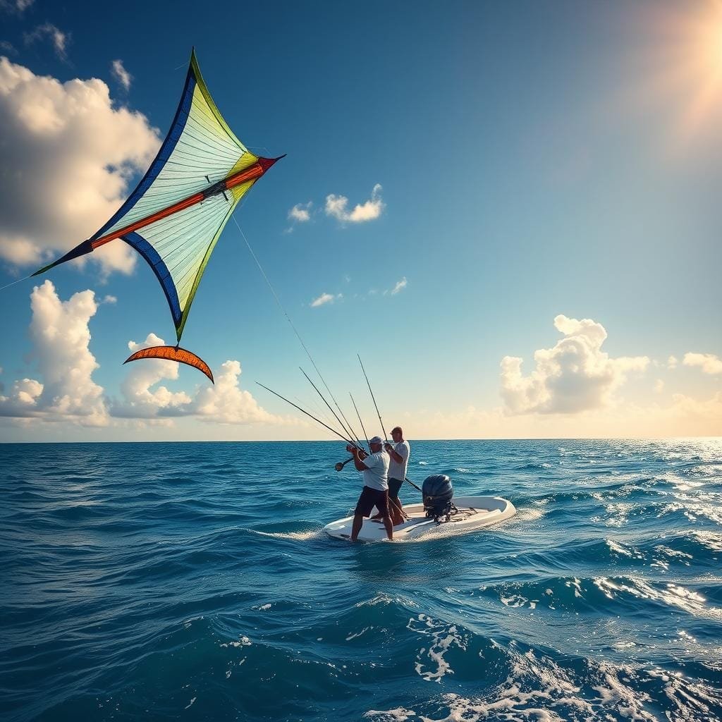 A sailfish kite fishing setup on a tropical ocean backdrop. In the foreground, a colorful kite with a fishing line attached, hovering above azure waters. In the middle ground, a sleek, white sportfishing boat with anglers preparing their rods and reels. The background features a vivid blue sky with fluffy white clouds, and the distant horizon of a sun-dappled sea. The lighting is warm and natural, with the sun casting a golden glow over the scene. The camera angle is slightly elevated, capturing the full breadth of the setup and the vast expanse of the ocean. An atmospheric and dynamic image, conveying the excitement and anticipation of sailfish angling. A sailfish kite fishing setup on a tropical ocean backdrop. In the foreground, a colorful kite with a fishing line attached, hovering above azure waters. In the middle ground, a sleek, white sportfishing boat with anglers preparing their rods and reels. The background features a vivid blue sky with fluffy white clouds, and the distant horizon of a sun-dappled sea. The lighting is warm and natural, with the sun casting a golden glow over the scene. The camera angle is slightly elevated, capturing the full breadth of the setup and the vast expanse of the ocean. An atmospheric and dynamic image, conveying the excitement and anticipation of sailfish angling.