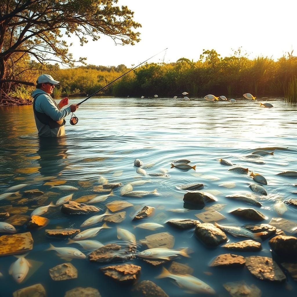 A saltwater fishing scene set in a lush, sun-dappled estuary. In the foreground, an angler in waders expertly casts a line into the calm, brackish waters, their gaze intently focused on the task at hand. The middle ground reveals a teeming ecosystem, with schools of silvery sheepshead darting amidst the submerged rocks and oyster beds. In the background, a verdant shoreline of mangroves and marshgrass frames the scene, hinting at the rich biodiversity of this coastal habitat. Warm, golden light filters through the canopy, casting a soft, atmospheric glow over the entire composition. The overall mood is one of peaceful contemplation and the thrill of the hunt, capturing the essence of successful sheepshead fishing in inlets and estuaries. A saltwater fishing scene set in a lush, sun-dappled estuary. In the foreground, an angler in waders expertly casts a line into the calm, brackish waters, their gaze intently focused on the task at hand. The middle ground reveals a teeming ecosystem, with schools of silvery sheepshead darting amidst the submerged rocks and oyster beds. In the background, a verdant shoreline of mangroves and marshgrass frames the scene, hinting at the rich biodiversity of this coastal habitat. Warm, golden light filters through the canopy, casting a soft, atmospheric glow over the entire composition. The overall mood is one of peaceful contemplation and the thrill of the hunt, capturing the essence of successful sheepshead fishing in inlets and estuaries.