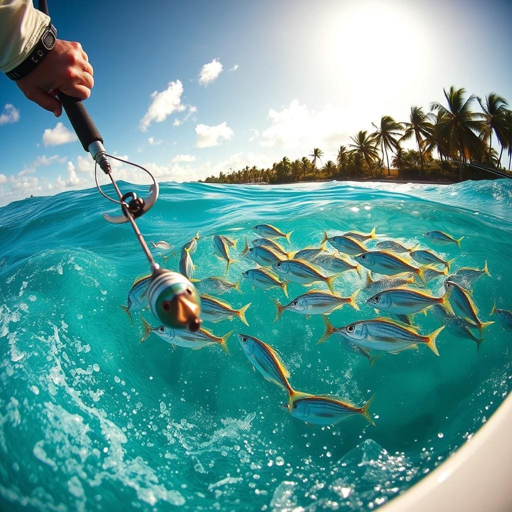 A saltwater fishing scene showcasing the art of jigging for pompano. In the foreground, a skilled angler deftly works a metal jig through the water, the lure's erratic movements mimicking a baitfish. Midground, schools of silvery pompano dart through the crystal-clear turquoise waves, their streamlined bodies poised to strike. In the background, a sun-dappled tropical beach fringed with swaying palms sets the idyllic scene. Dramatic side lighting casts dramatic shadows, heightening the sense of motion and drama. Captured with a wide-angle lens to emphasize the expansive, immersive environment. The overall mood is one of excitement and anticipation, as the angler stalks their elusive quarry.