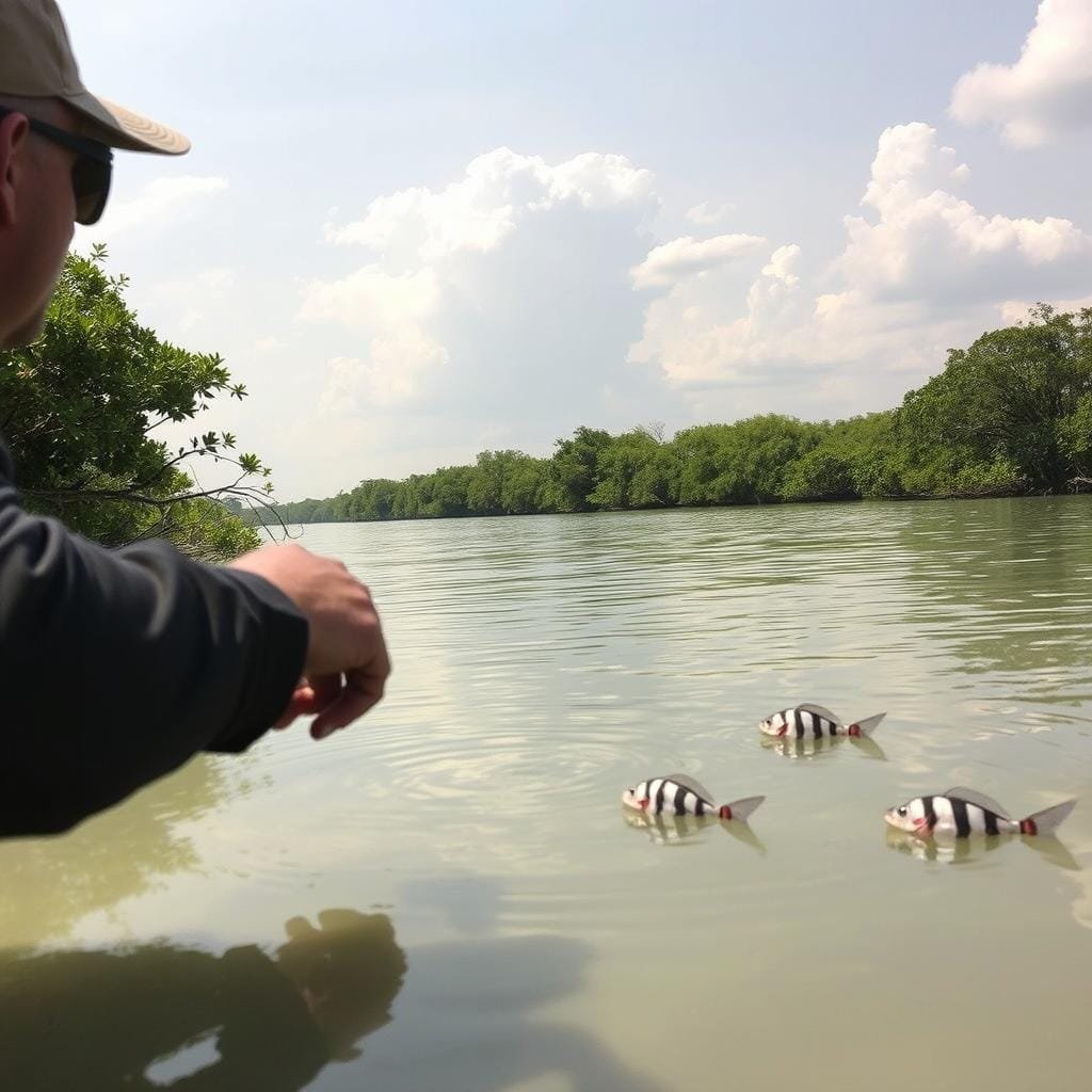 A scenic coastal setting with a shallow saltwater lagoon or tidal flat. In the foreground, a skilled angler intently scanning the water, polarized sunglasses shielding their eyes from the glare. Subtle ripples on the surface betraying the presence of elusive sheepshead, their distinctive black and white striped bodies visible just beneath the glassy surface. The middle ground features a lush mangrove forest lining the shore, with gently swaying fronds casting dappled shadows on the water. The background is a warm, hazy sky with fluffy cumulus clouds, hinting at the ideal lighting conditions for this type of sight fishing. The overall atmosphere is one of tranquility, focus, and the thrill of the hunt. A scenic coastal setting with a shallow saltwater lagoon or tidal flat. In the foreground, a skilled angler intently scanning the water, polarized sunglasses shielding their eyes from the glare. Subtle ripples on the surface betraying the presence of elusive sheepshead, their distinctive black and white striped bodies visible just beneath the glassy surface. The middle ground features a lush mangrove forest lining the shore, with gently swaying fronds casting dappled shadows on the water. The background is a warm, hazy sky with fluffy cumulus clouds, hinting at the ideal lighting conditions for this type of sight fishing. The overall atmosphere is one of tranquility, focus, and the thrill of the hunt.