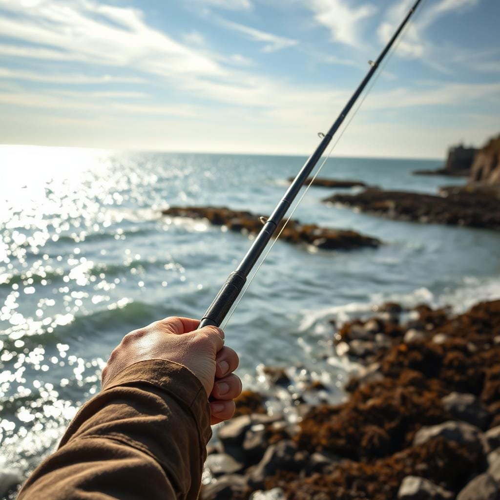 A seaside scene with a skilled angler casting a line into the glistening ocean. In the foreground, the fisherman's weathered hands grip a traditional sea bass rod, the line unraveling smoothly through the air. The middle ground reveals the serene, wave-lapped shore, with coastal rocks and seaweed-covered jetties creating a rugged, natural backdrop. Overhead, the warm, golden sunlight filters through wispy clouds, casting a soft, ethereal glow over the entire scene. The atmosphere is one of tranquility and determination, capturing the essence of the art of sea bass angling. A seaside scene with a skilled angler casting a line into the glistening ocean. In the foreground, the fisherman's weathered hands grip a traditional sea bass rod, the line unraveling smoothly through the air. The middle ground reveals the serene, wave-lapped shore, with coastal rocks and seaweed-covered jetties creating a rugged, natural backdrop. Overhead, the warm, golden sunlight filters through wispy clouds, casting a soft, ethereal glow over the entire scene. The atmosphere is one of tranquility and determination, capturing the essence of the art of sea bass angling.