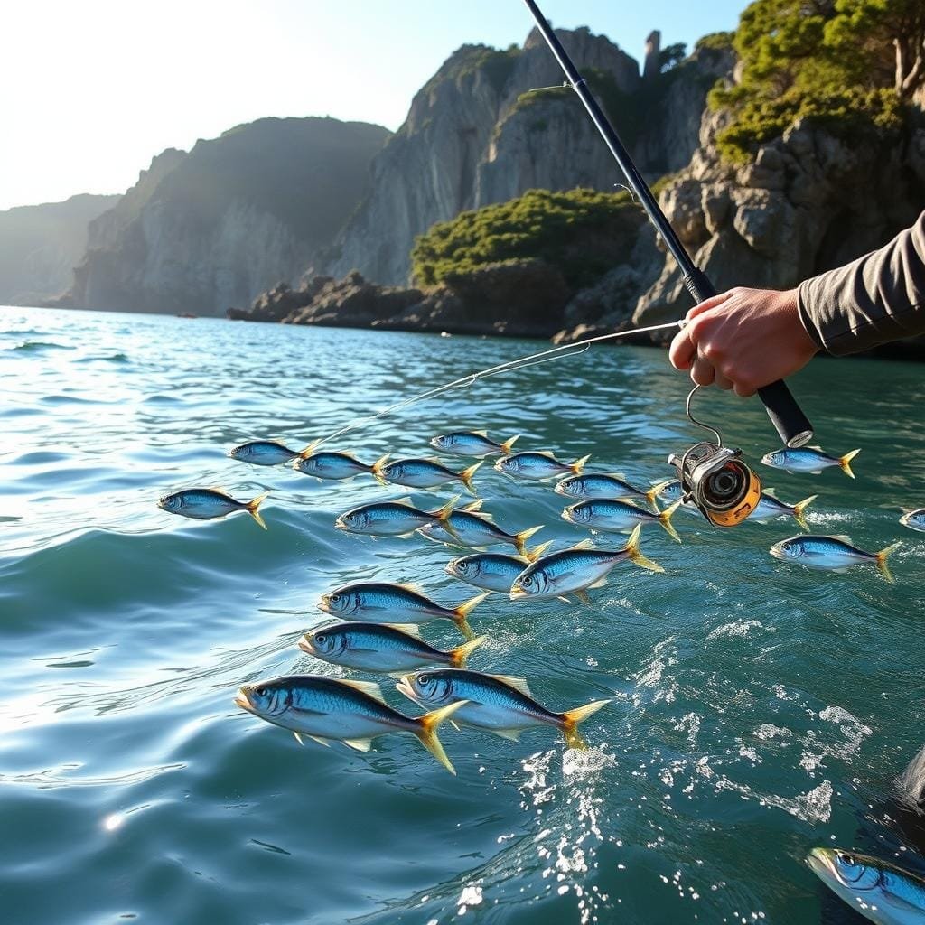 A seasoned angler stands waist-deep in a tranquil ocean cove, intently focused on their bluefish-catching technique. The sun casts a warm glow, illuminating the gentle waves lapping against the rocky shoreline. In the foreground, the angler's hands deftly manipulate a sleek, high-quality fishing rod, skillfully casting a lure that glints in the sunlight. In the middle ground, schools of vibrant, silvery-blue bluefish dart through the crystal-clear water, their powerful fins propelling them with grace and speed. The background features a rugged, picturesque coastline, with towering cliffs and verdant foliage creating a sense of natural wonder. The overall scene exudes a sense of tranquility, expertise, and the thrill of the catch.